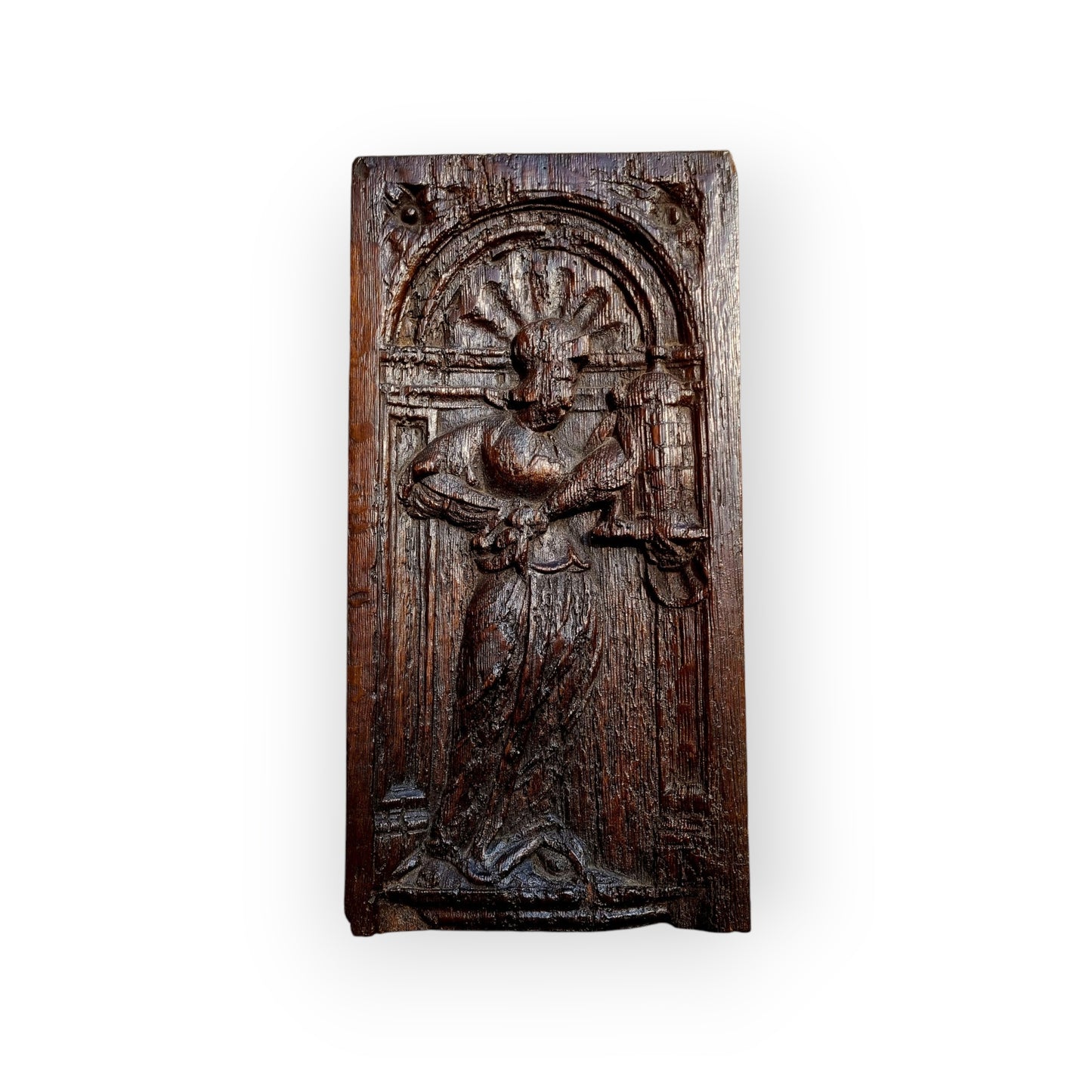 Mid 16th-Century Antique Carved Oak Panel, Depicting Saint Barbara, The Patron Saint of Artillerymen, Miners & Engineers