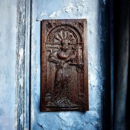 Mid 16th-Century Antique Carved Oak Panel, Depicting Saint Barbara, The Patron Saint of Artillerymen, Miners & Engineers