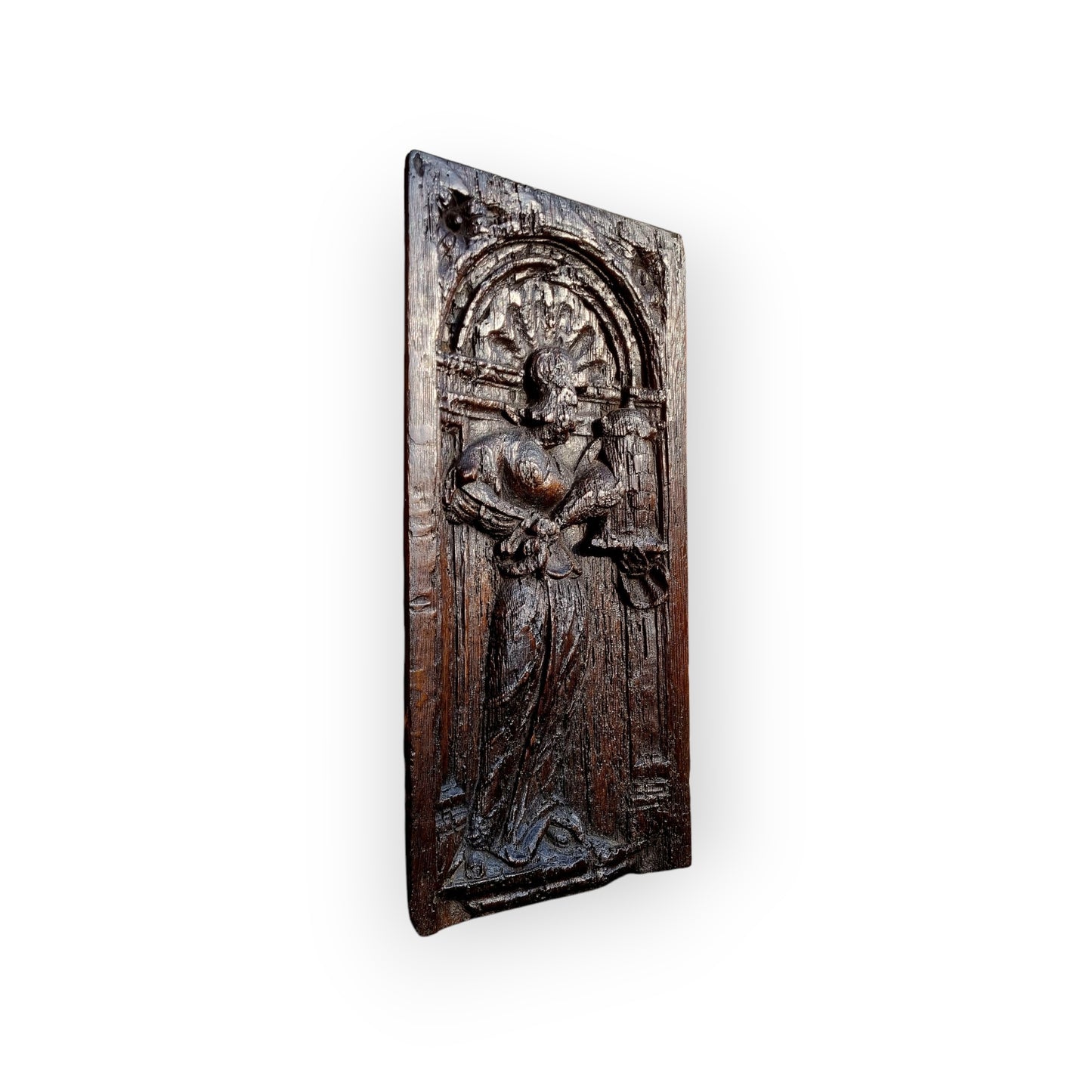 Mid 16th-Century Antique Carved Oak Panel, Depicting Saint Barbara, The Patron Saint of Artillerymen, Miners & Engineers