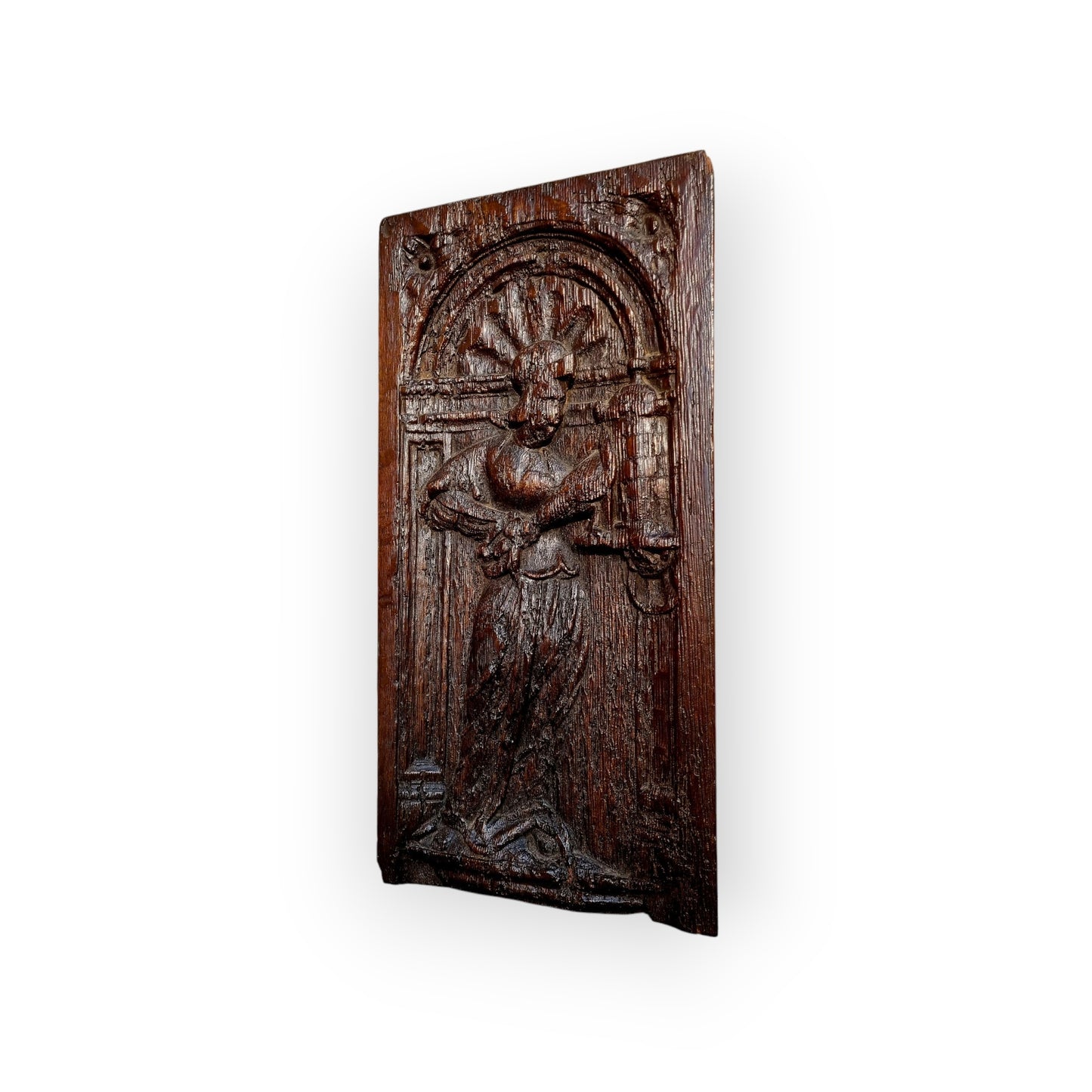Mid 16th-Century Antique Carved Oak Panel, Depicting Saint Barbara, The Patron Saint of Artillerymen, Miners & Engineers