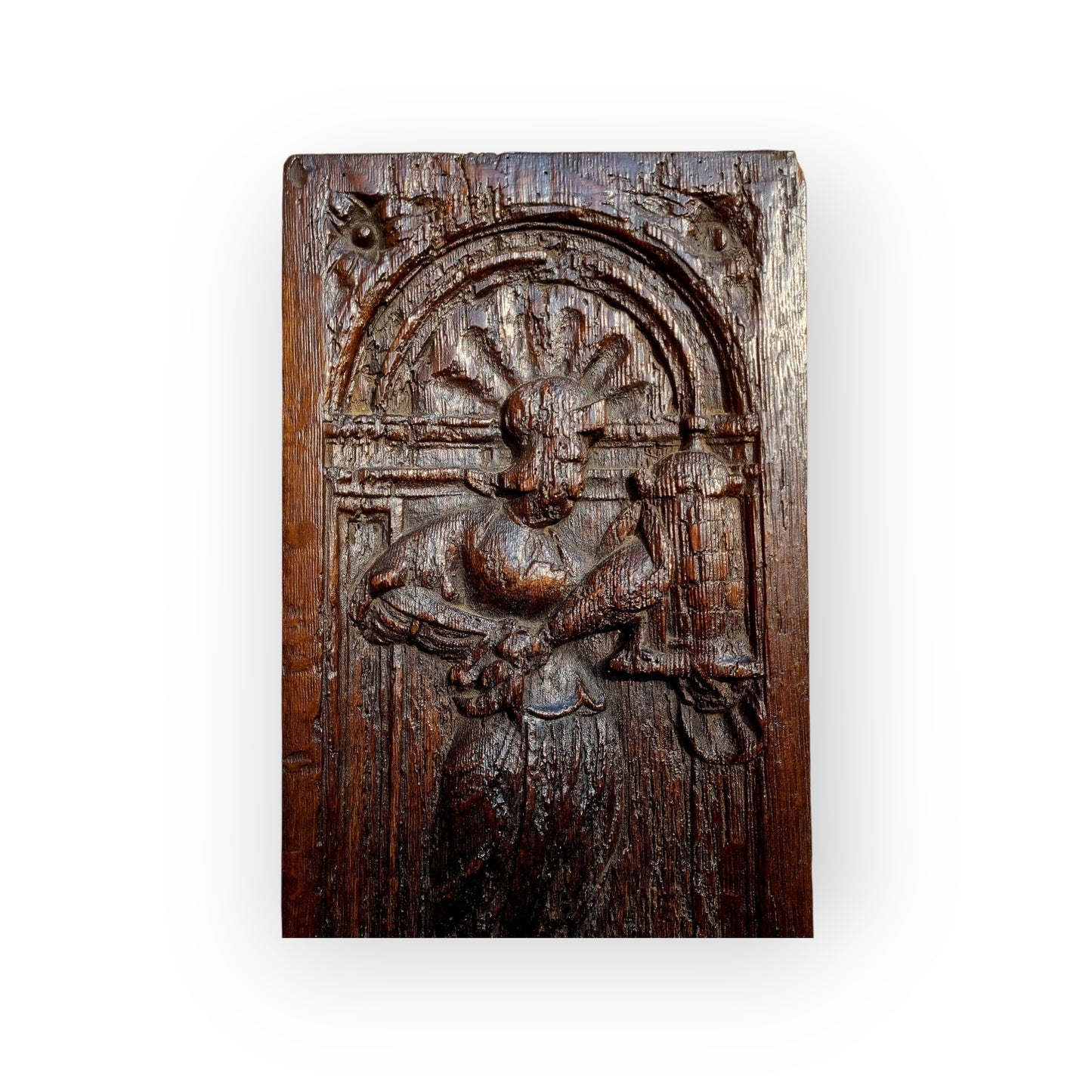 Mid 16th-Century Antique Carved Oak Panel, Depicting Saint Barbara, The Patron Saint of Artillerymen, Miners & Engineers