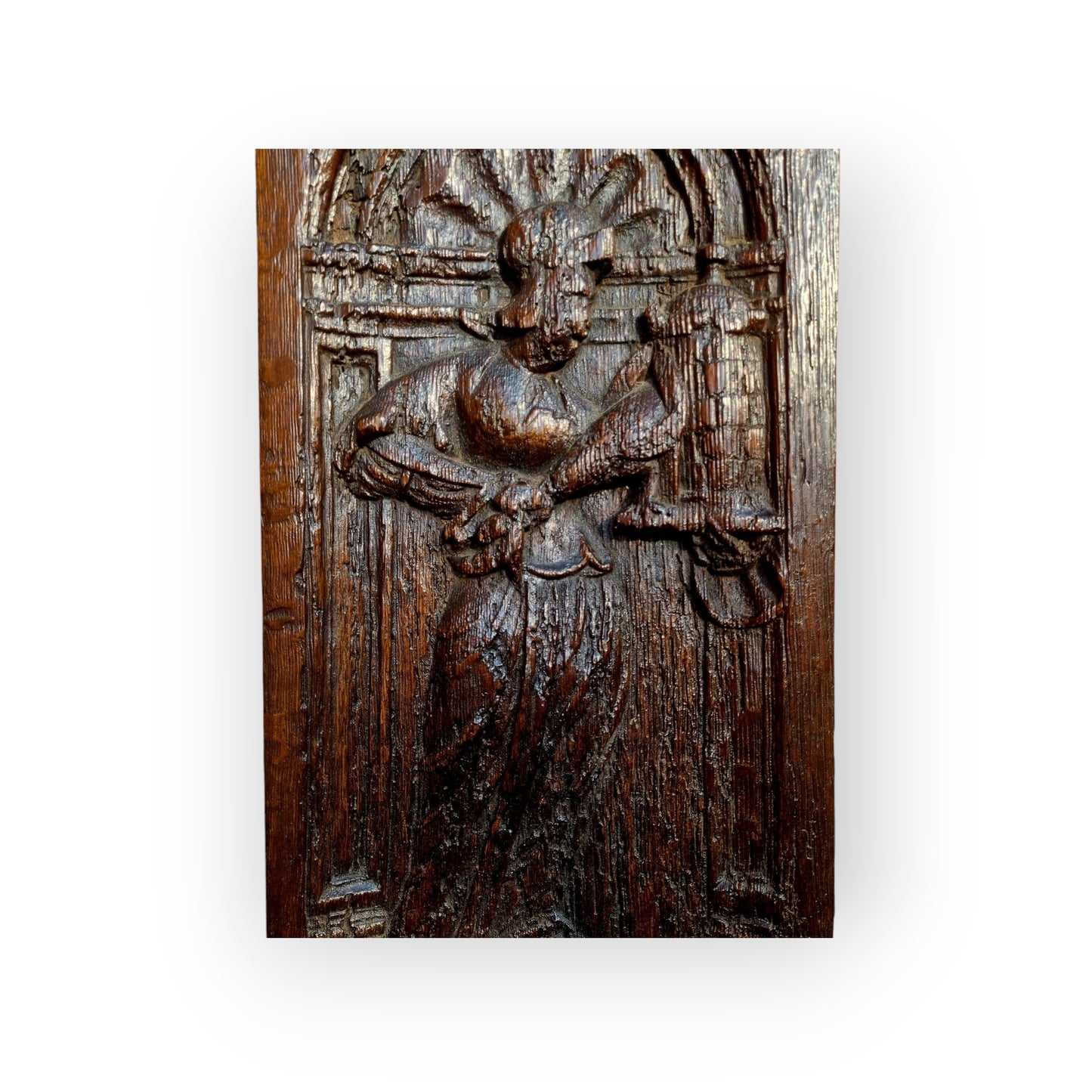 Mid 16th-Century Antique Carved Oak Panel, Depicting Saint Barbara, The Patron Saint of Artillerymen, Miners & Engineers
