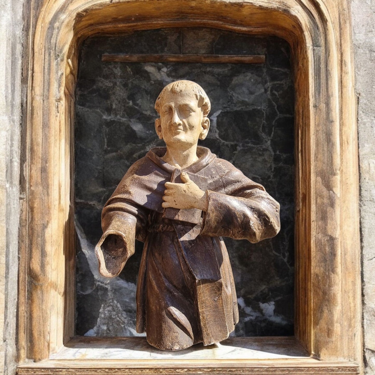 Late 16th Century / Early 17th Century Carved Wooden Sculpture Of A Monk With Original Polychrome