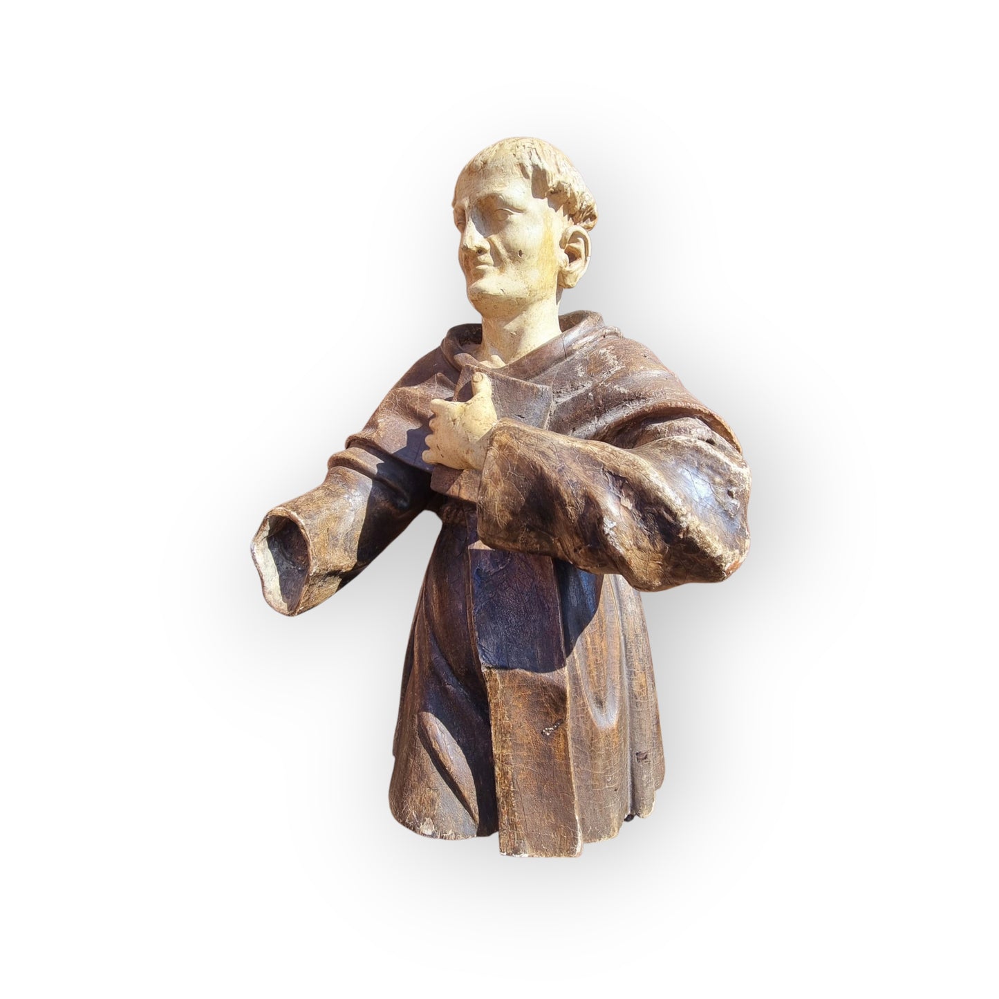 Late 16th Century / Early 17th Century Carved Wooden Sculpture Of A Monk With Original Polychrome