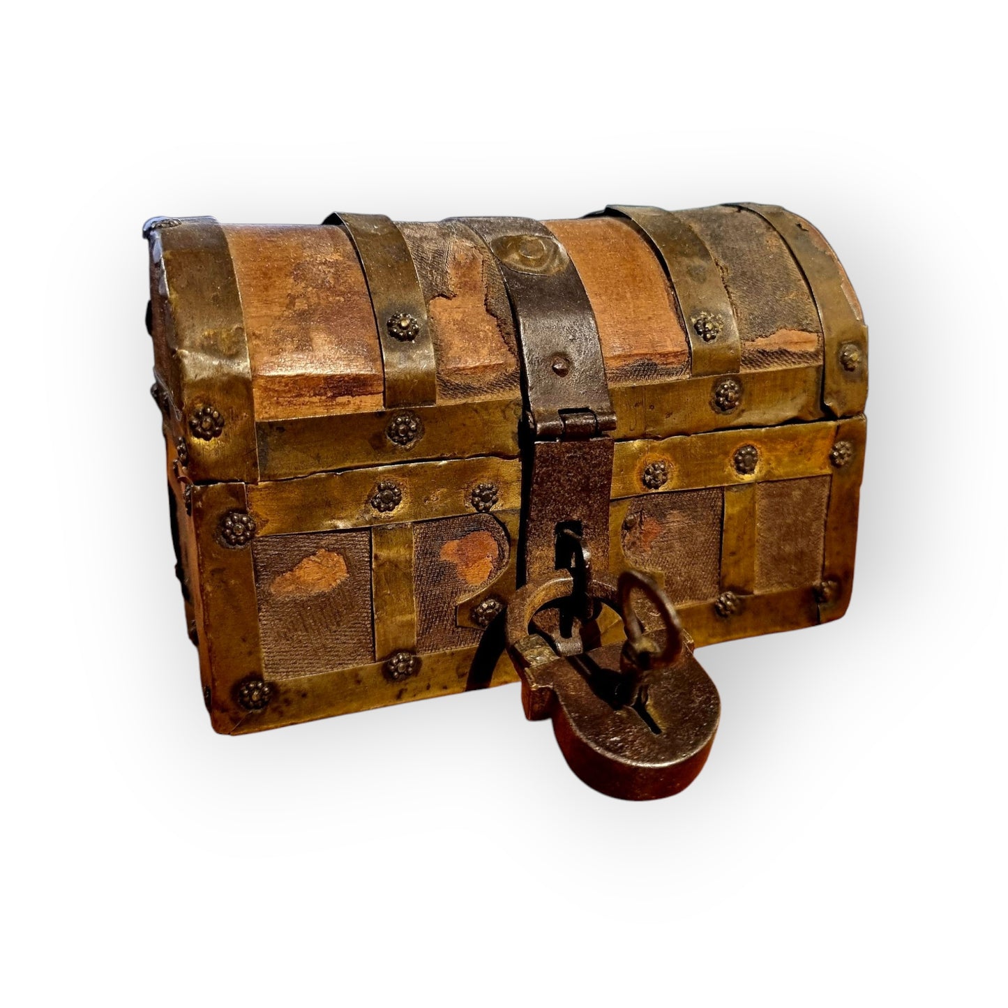 Early 17th-Century Italian Antique Brass & Iron-Bound Table Top Box / Casket Of Very Small Proportions - Ideal As A Jewellery Box / Trinket Box