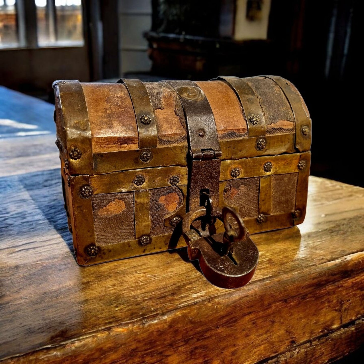 Early 17th-Century Italian Antique Brass & Iron-Bound Table Top Box / Casket Of Very Small Proportions - Ideal As A Jewellery Box / Trinket Box