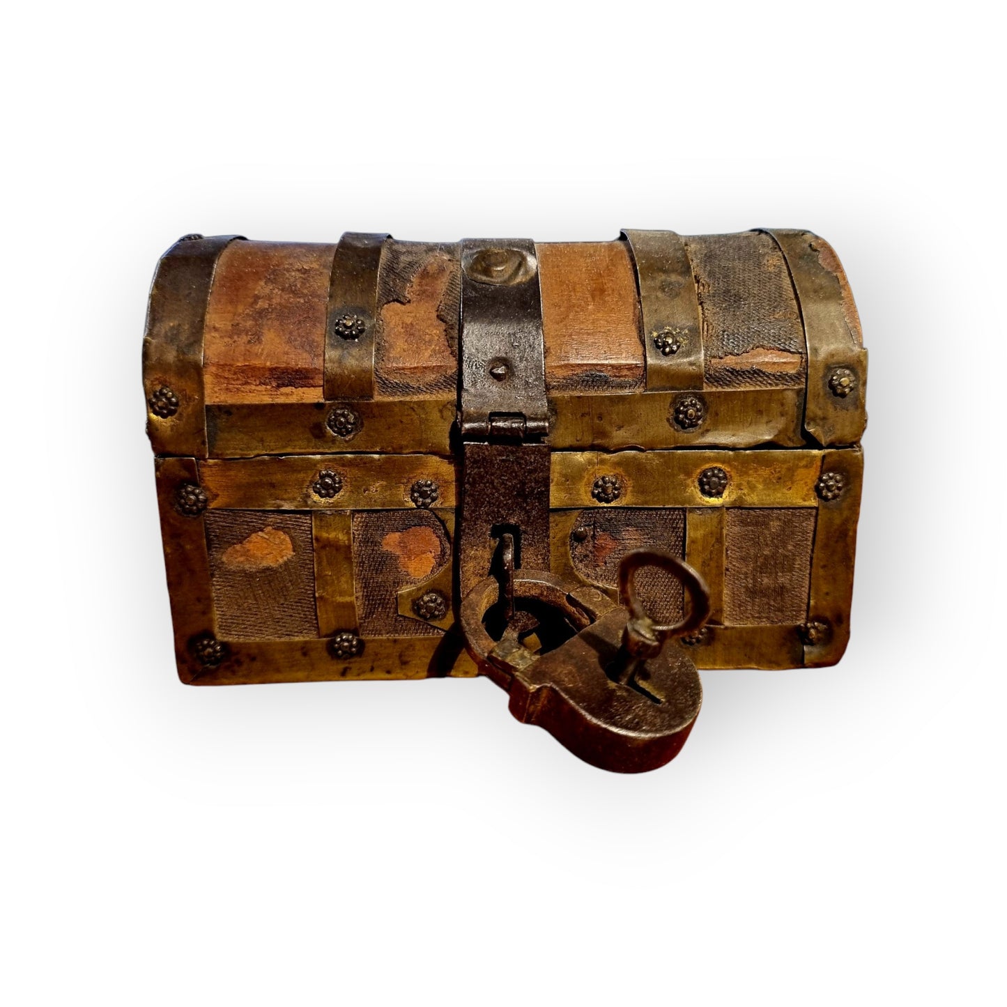 Early 17th-Century Italian Antique Brass & Iron-Bound Table Top Box / Casket Of Very Small Proportions - Ideal As A Jewellery Box / Trinket Box