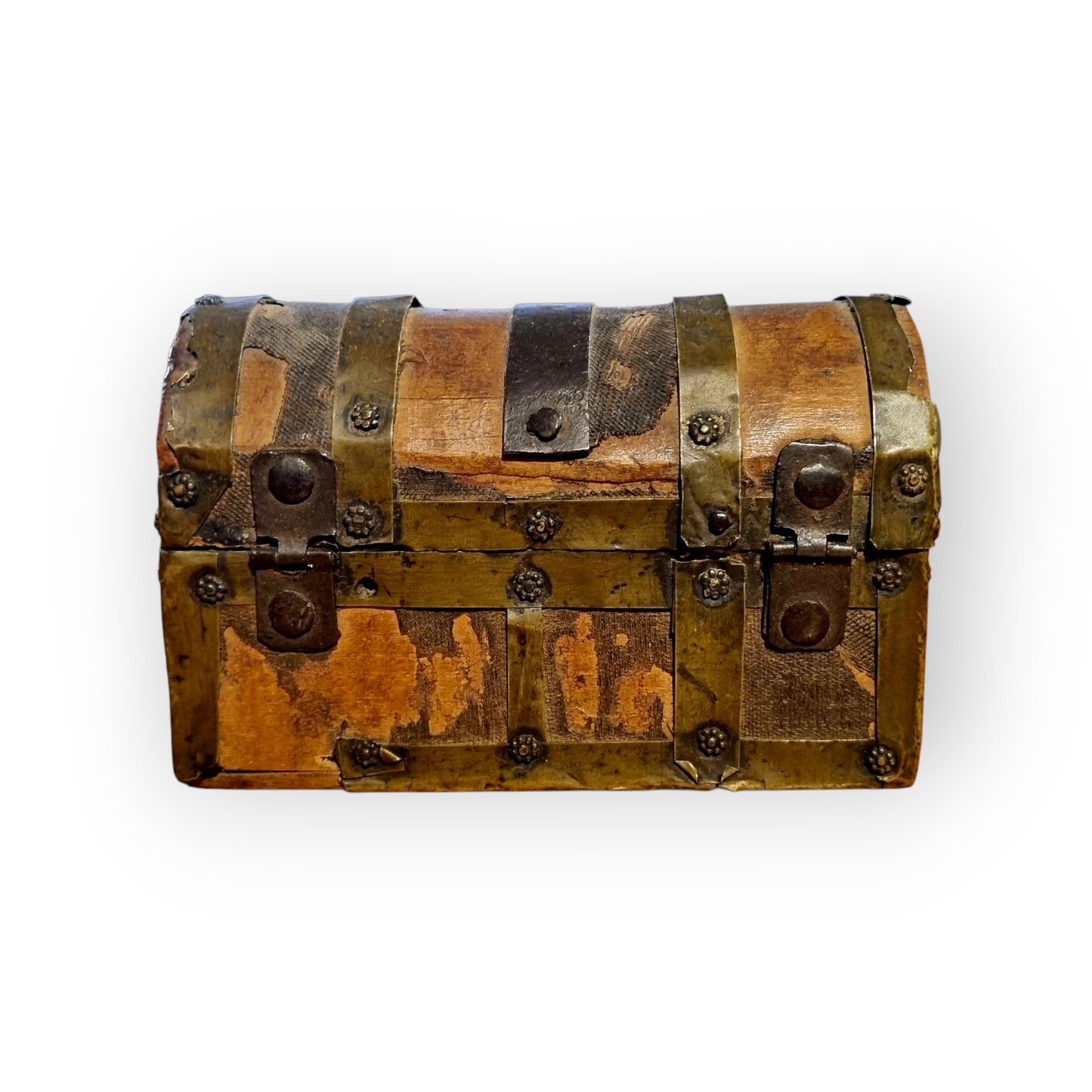 Early 17th-Century Italian Antique Brass & Iron-Bound Table Top Box / Casket Of Very Small Proportions - Ideal As A Jewellery Box / Trinket Box