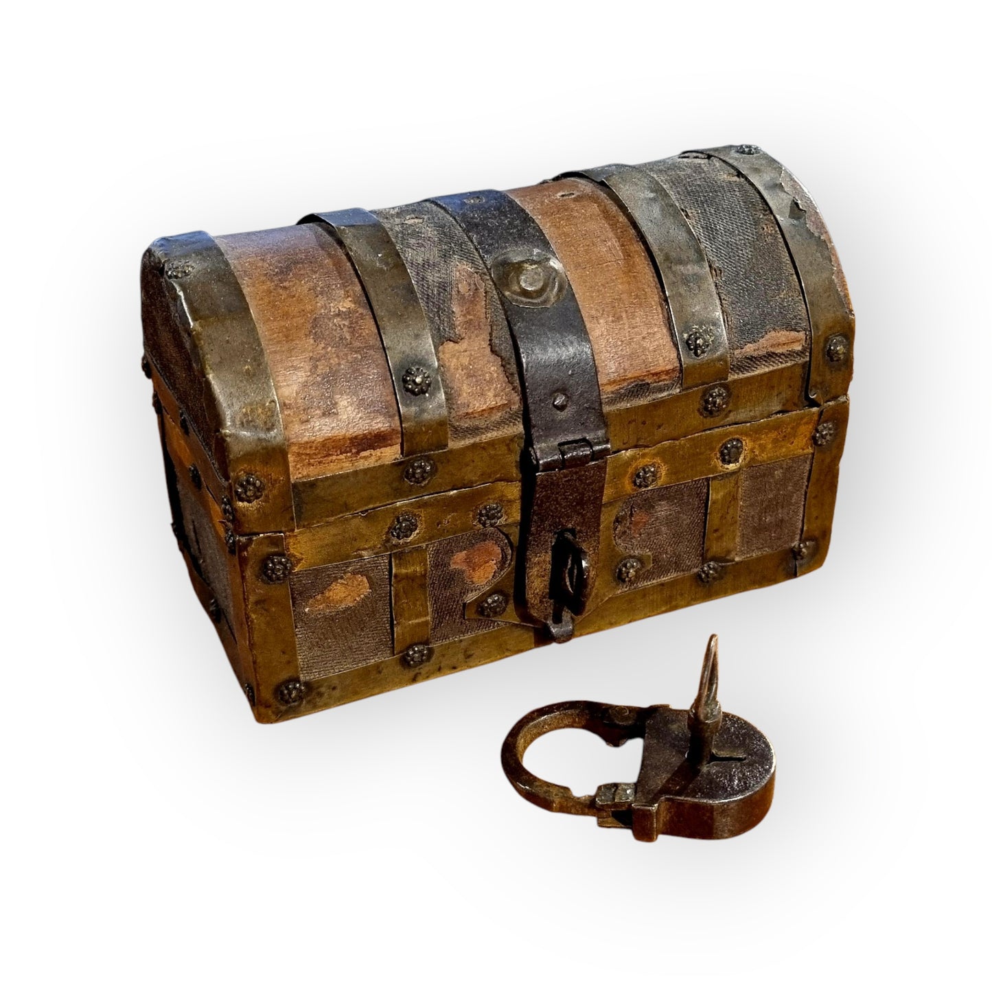 Early 17th-Century Italian Antique Brass & Iron-Bound Table Top Box / Casket Of Very Small Proportions - Ideal As A Jewellery Box / Trinket Box