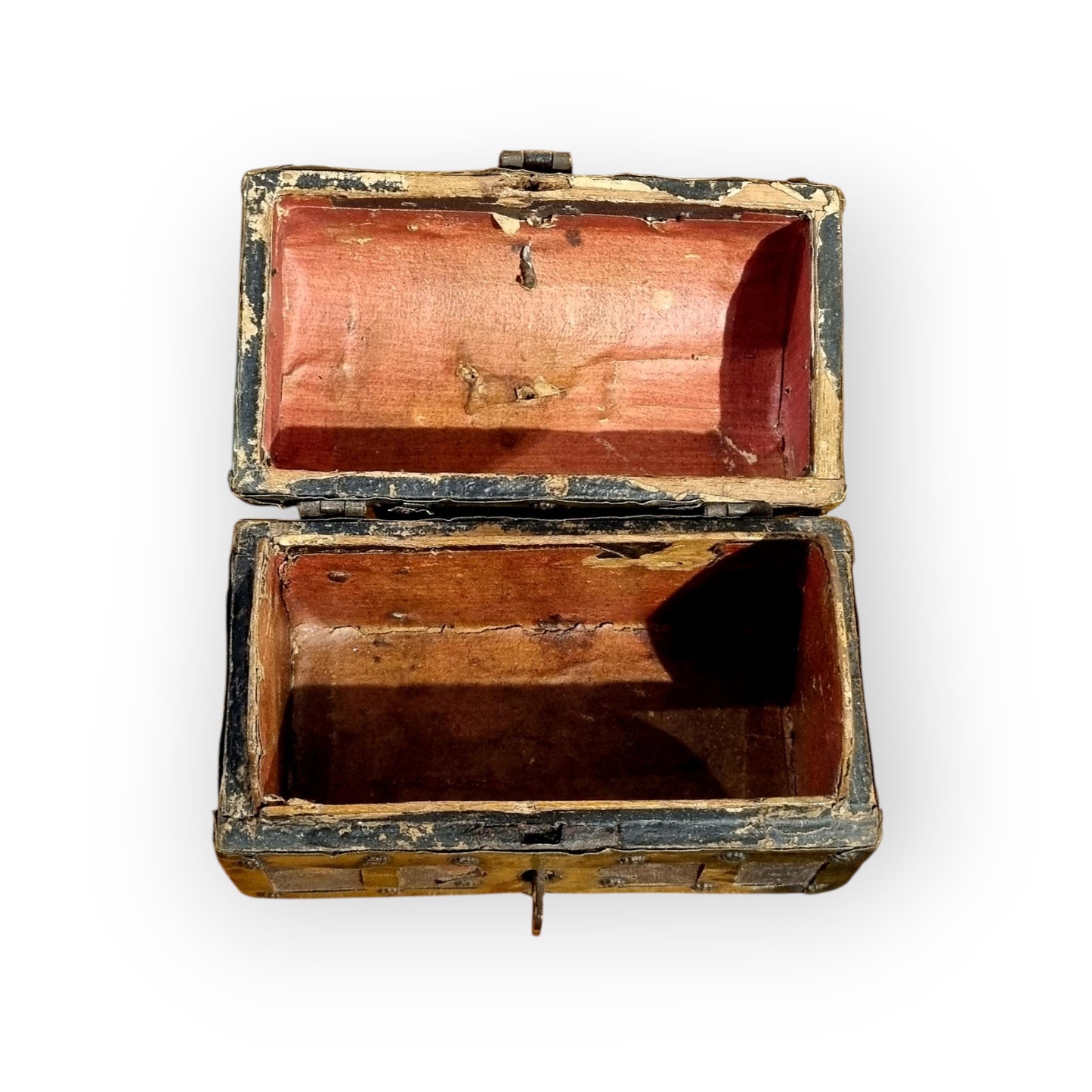 Early 17th-Century Italian Antique Brass & Iron-Bound Table Top Box / Casket Of Very Small Proportions - Ideal As A Jewellery Box / Trinket Box