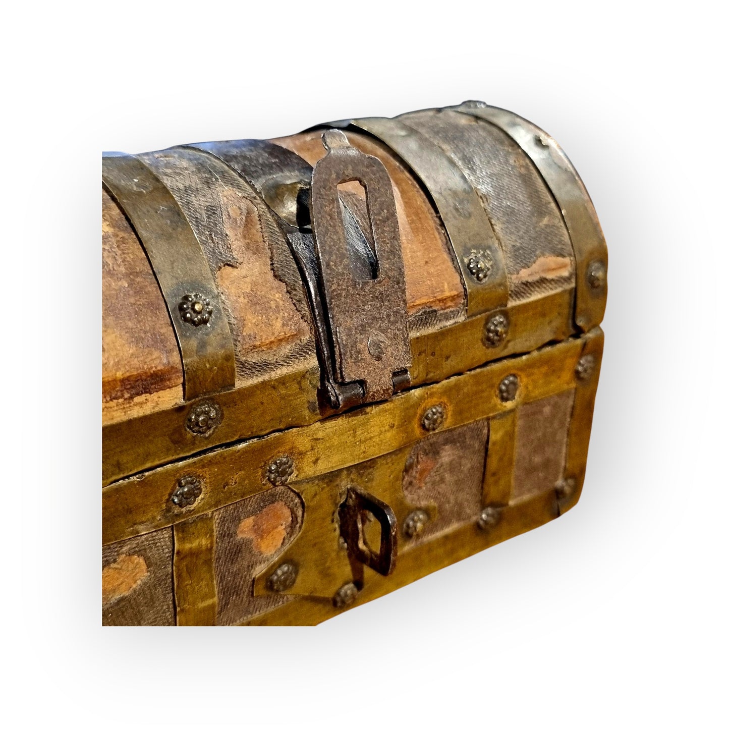 Early 17th-Century Italian Antique Brass & Iron-Bound Table Top Box / Casket Of Very Small Proportions - Ideal As A Jewellery Box / Trinket Box