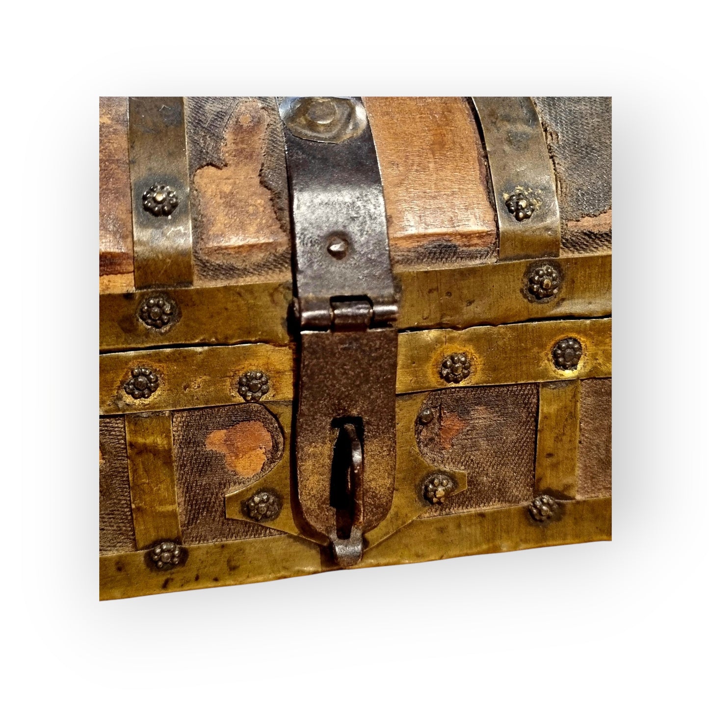 Early 17th-Century Italian Antique Brass & Iron-Bound Table Top Box / Casket Of Very Small Proportions - Ideal As A Jewellery Box / Trinket Box