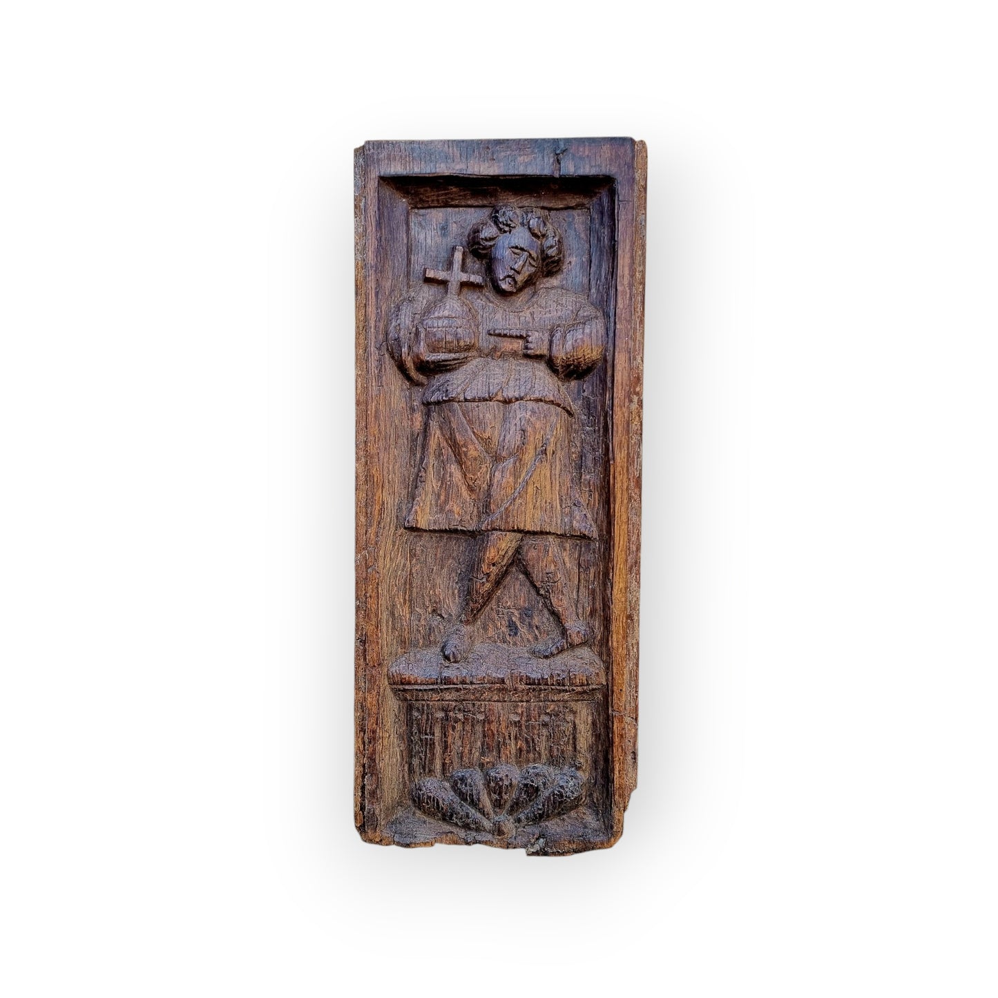 Early 16th-Century Antique Carved Oak Panel Depicting "Salvator Mundi"