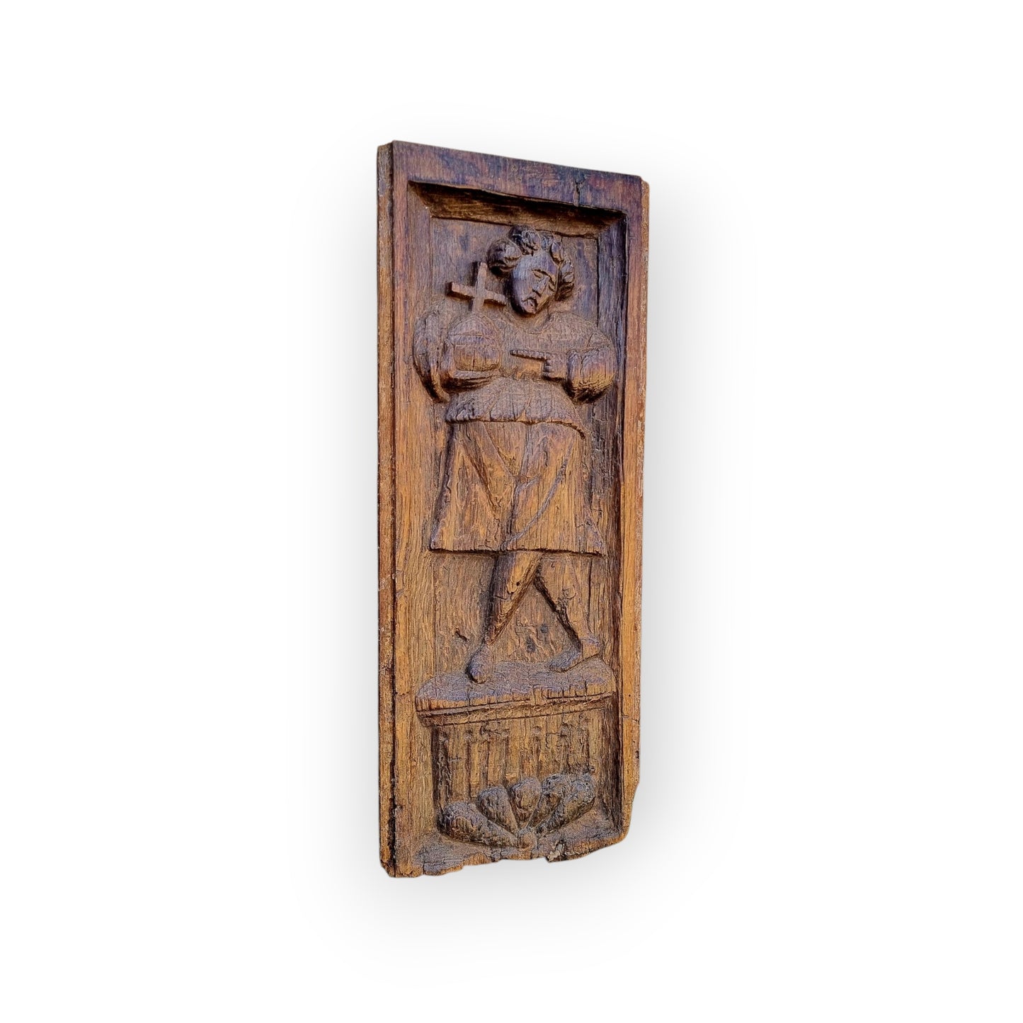 Early 16th-Century Antique Carved Oak Panel Depicting "Salvator Mundi"