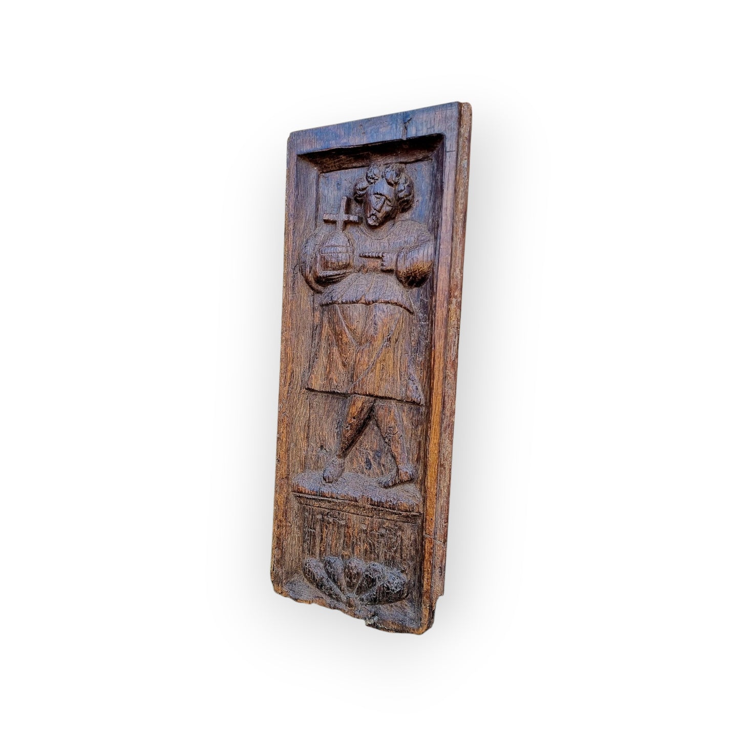 Early 16th-Century Antique Carved Oak Panel Depicting "Salvator Mundi"