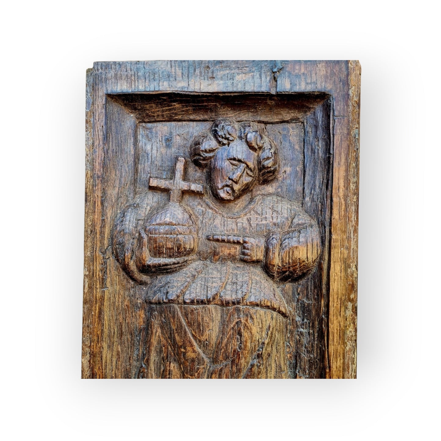 Early 16th-Century Antique Carved Oak Panel Depicting "Salvator Mundi"