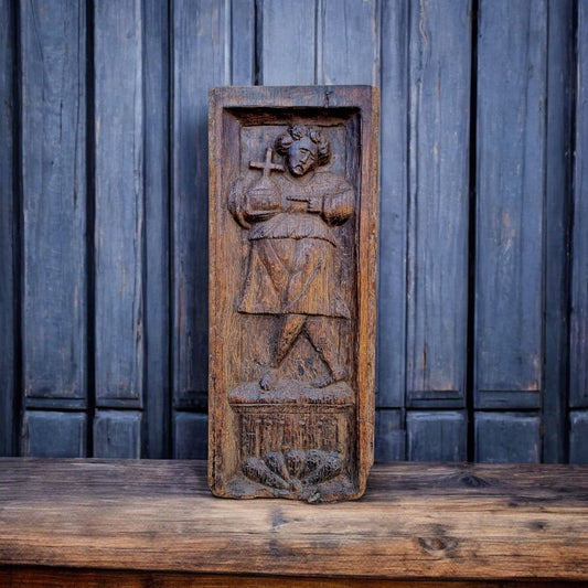 Early 16th-Century Antique Carved Oak Panel Depicting "Salvator Mundi"