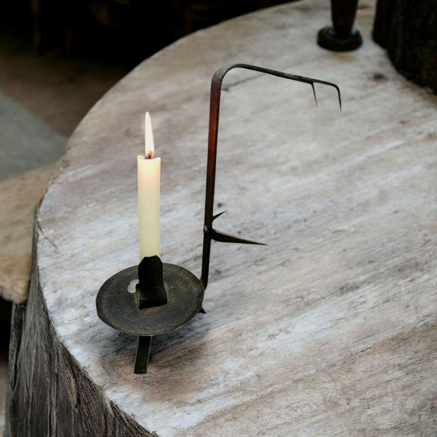 Late 18th Century Welsh Antique Iron Hanging Loom Light / Candlestick of Rare Form