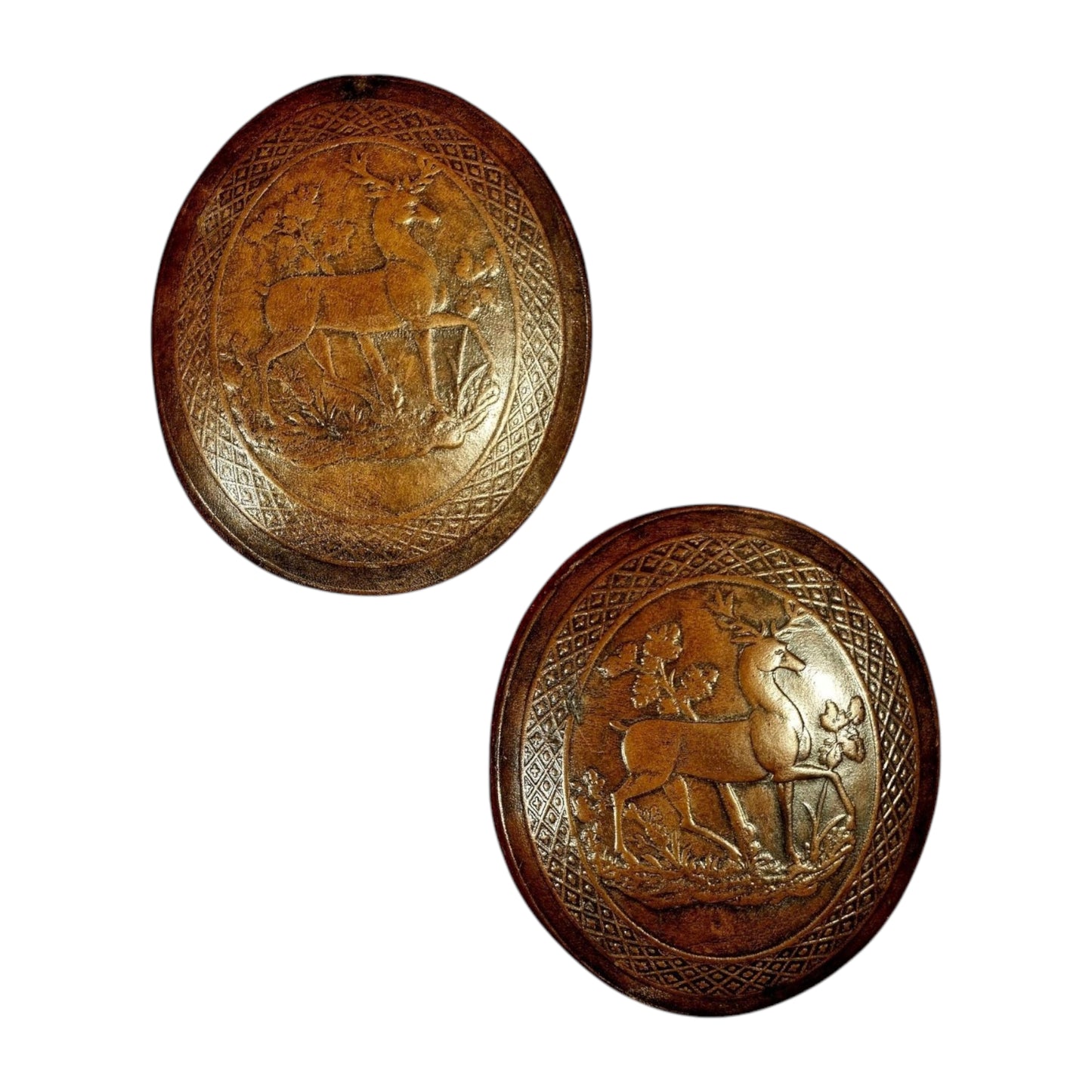 A Pair Of Late 18th-Century English Antique Embossed Leather Plaques, Each Decorated With A Stag Passant