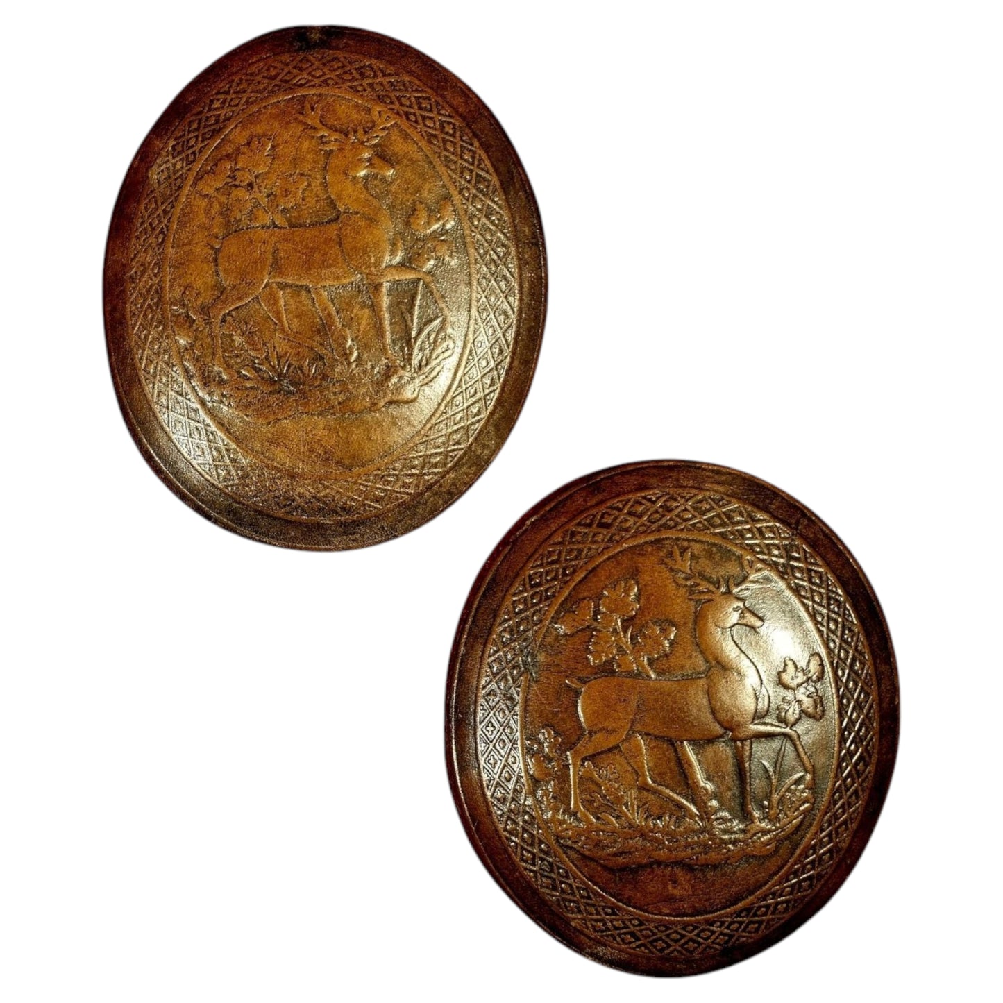 A Pair Of Late 18th-Century English Antique Embossed Leather Plaques, Each Decorated With A Stag Passant