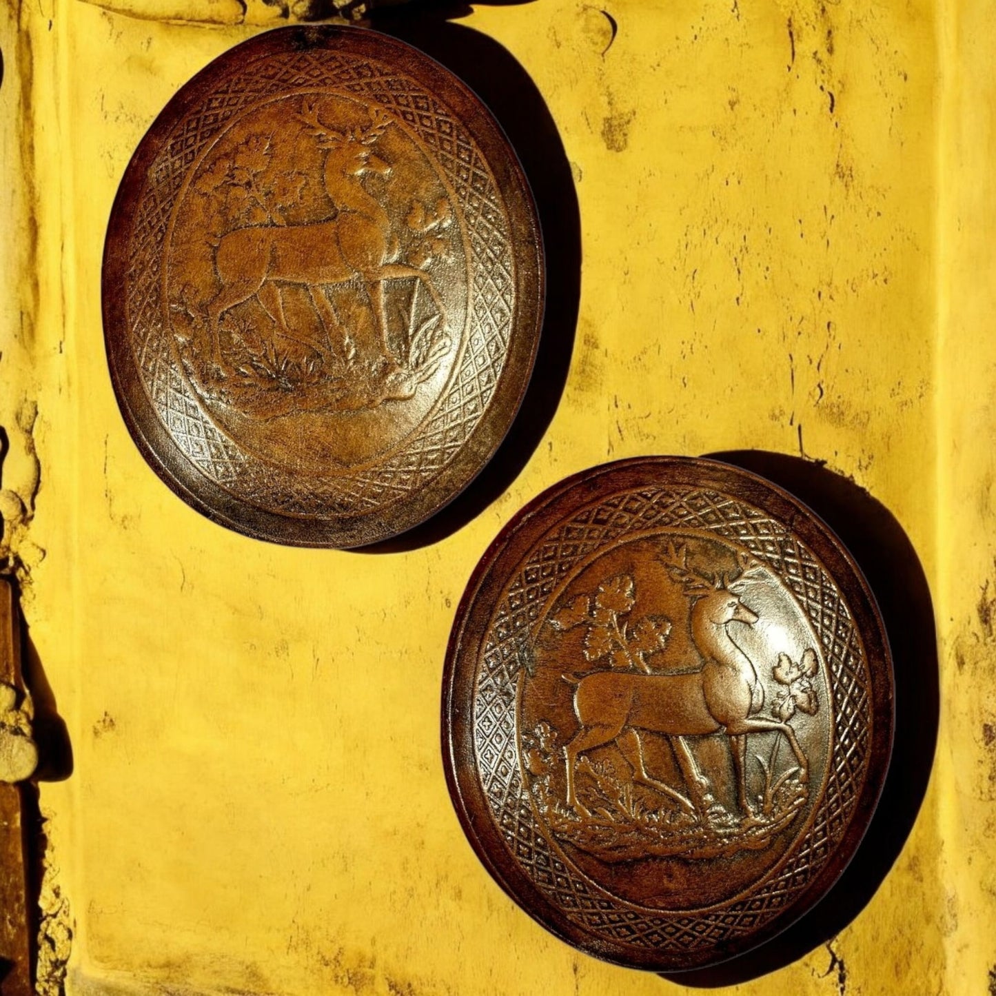 A Pair Of Late 18th-Century English Antique Embossed Leather Plaques, Each Decorated With A Stag Passant