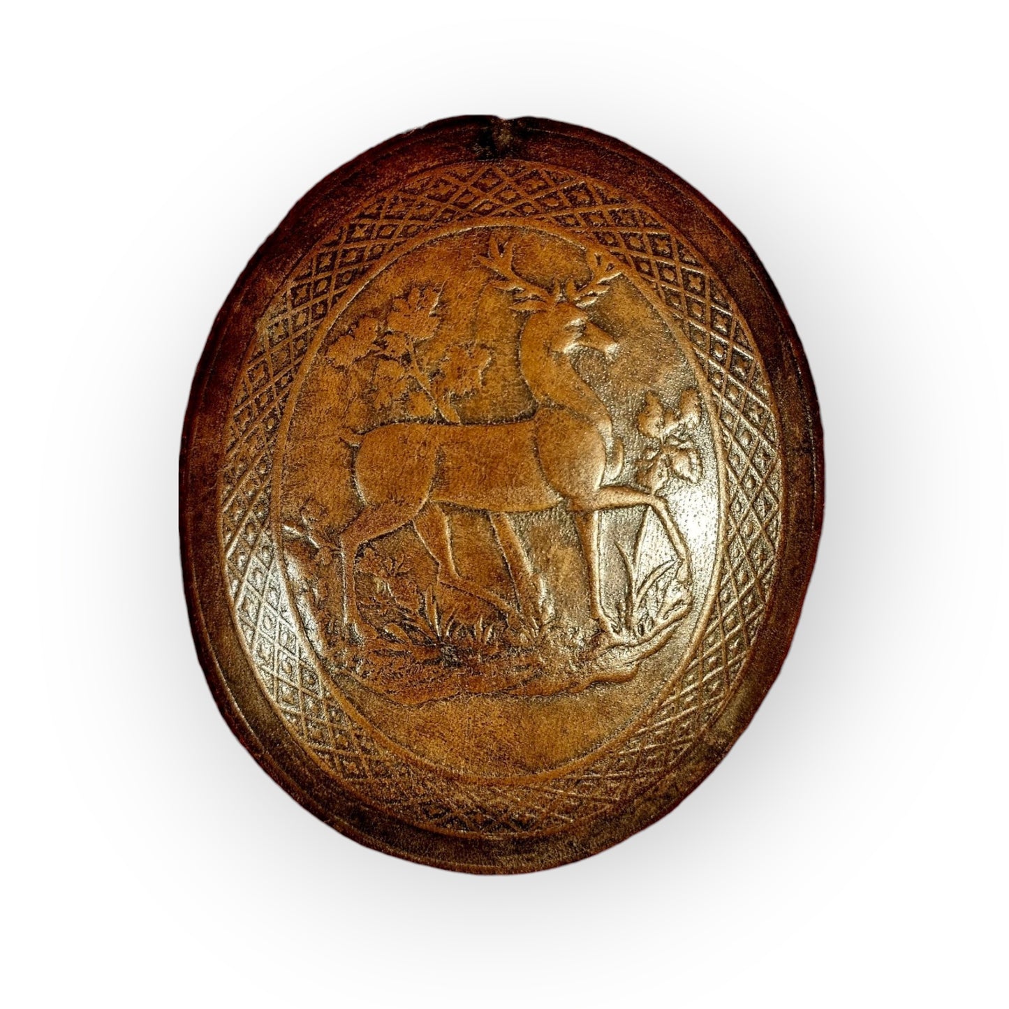 A Pair Of Late 18th-Century English Antique Embossed Leather Plaques, Each Decorated With A Stag Passant