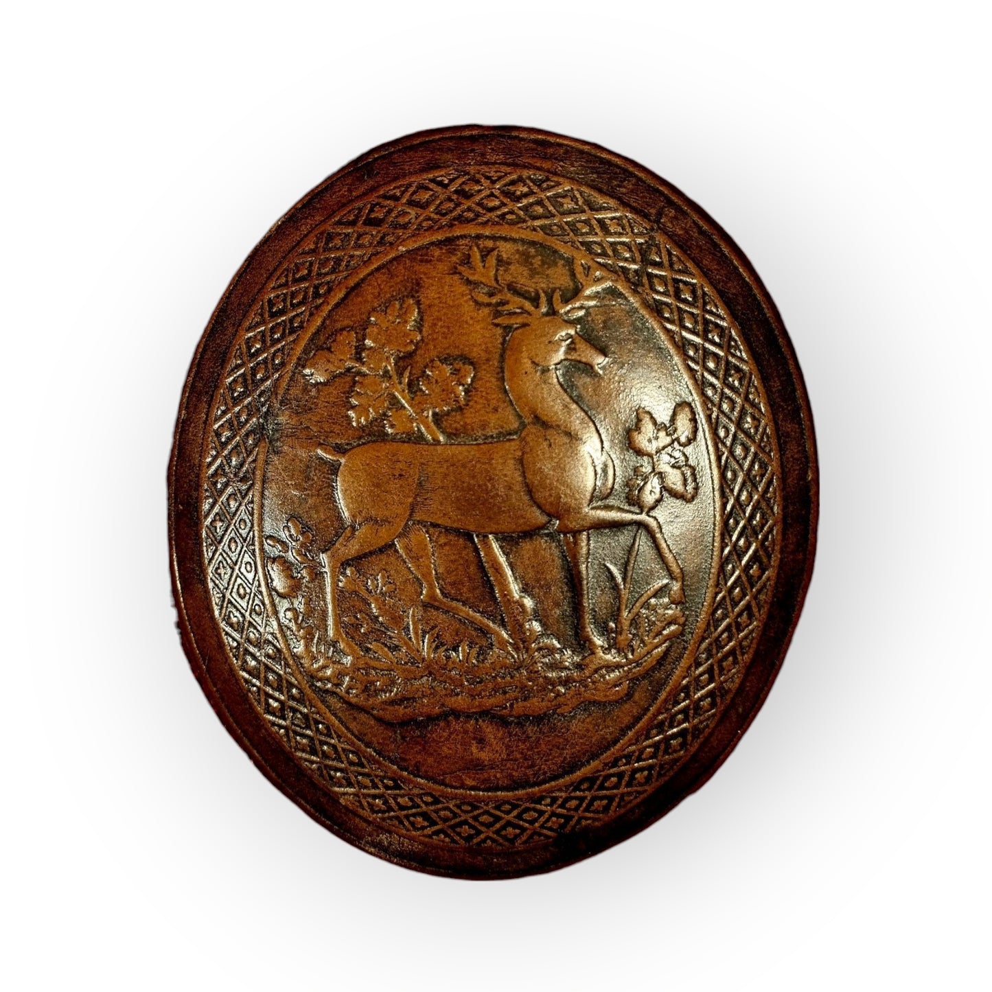 A Pair Of Late 18th-Century English Antique Embossed Leather Plaques, Each Decorated With A Stag Passant