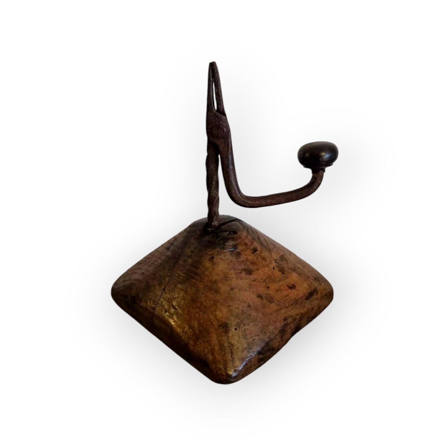 18th-Century Welsh Antique Iron Rushlight / Rushnip With Oak Base