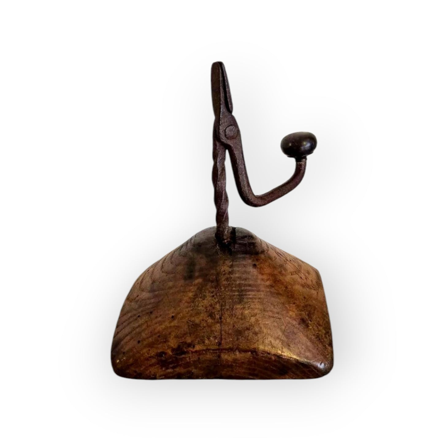 18th-Century Welsh Antique Iron Rushlight / Rushnip With Oak Base