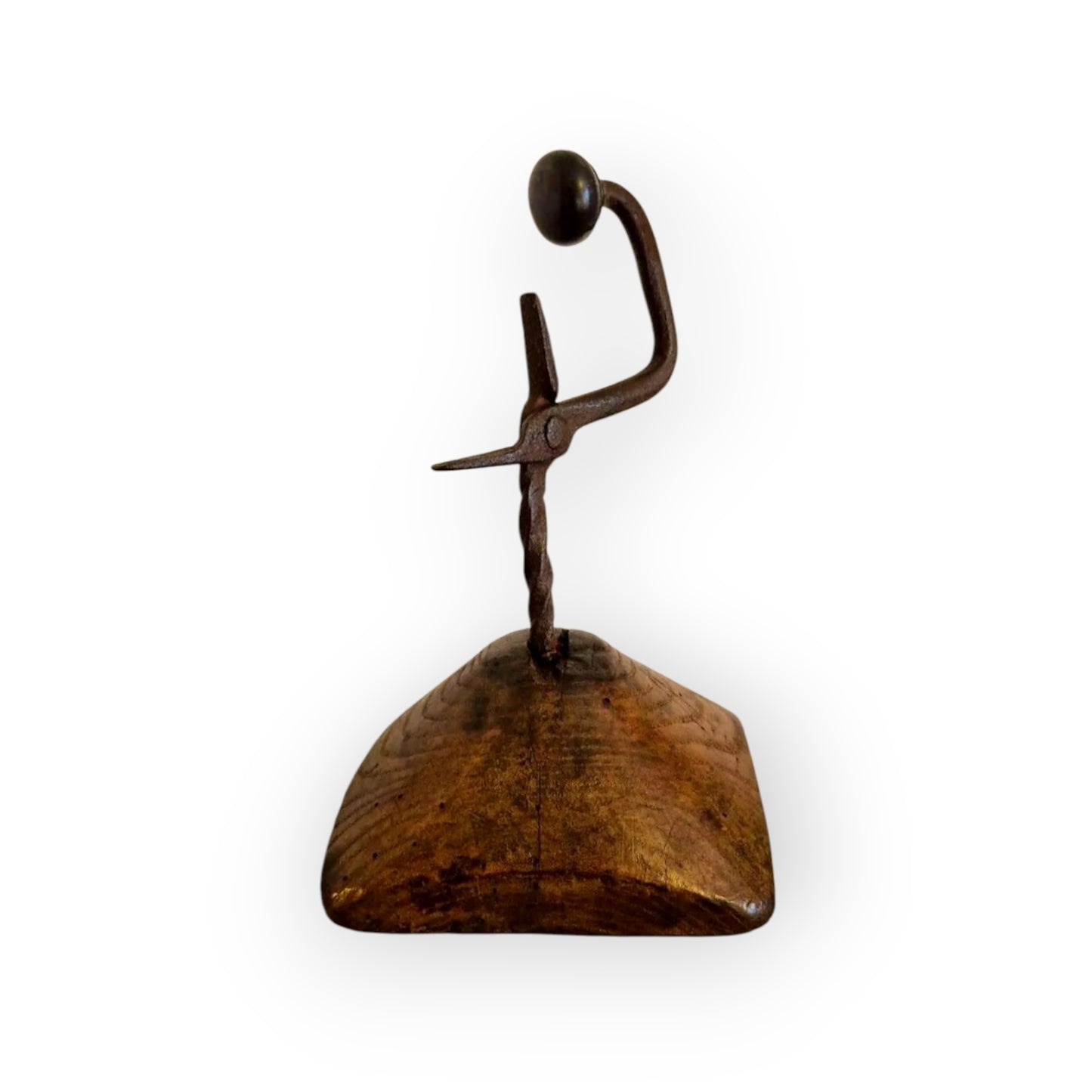 18th-Century Welsh Antique Iron Rushlight / Rushnip With Oak Base