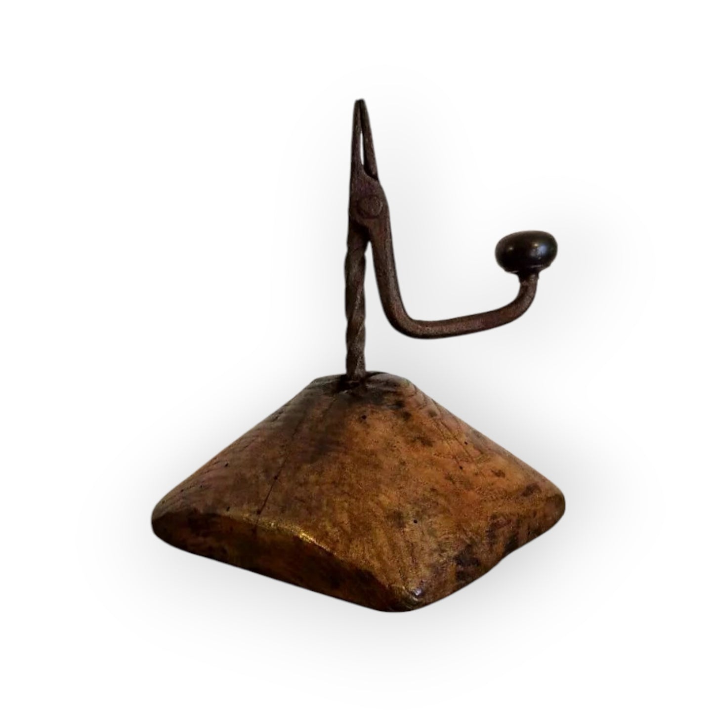 18th-Century Welsh Antique Iron Rushlight / Rushnip With Oak Base