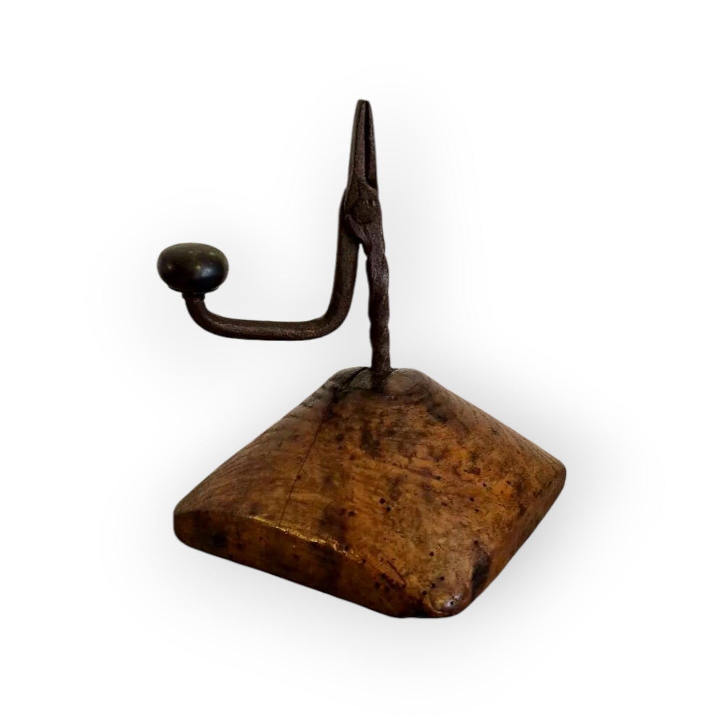 18th-Century Welsh Antique Iron Rushlight / Rushnip With Oak Base