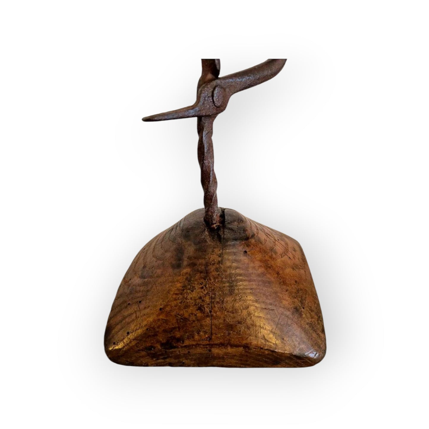 18th-Century Welsh Antique Iron Rushlight / Rushnip With Oak Base