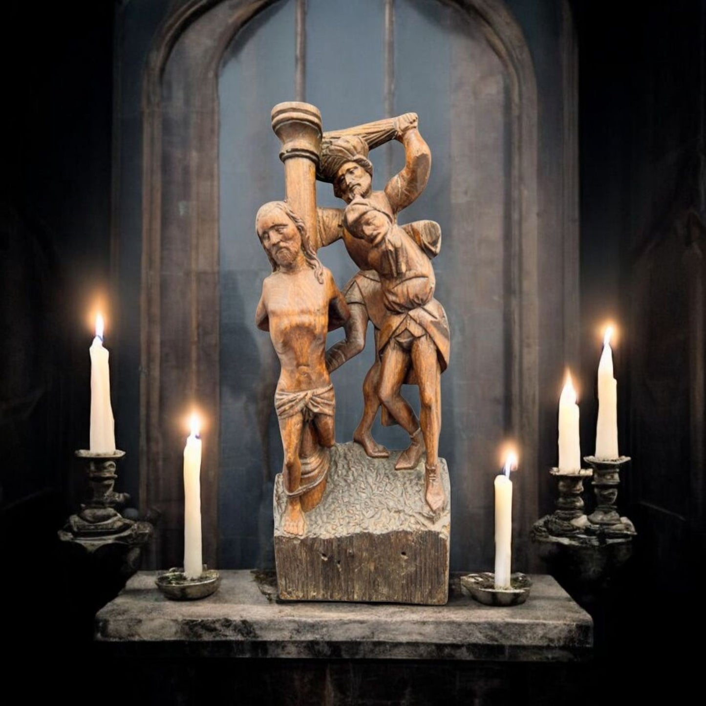 Late 15th-Century Antique Carved Oak Sculpture Depicting The Flagellation Of Christ
