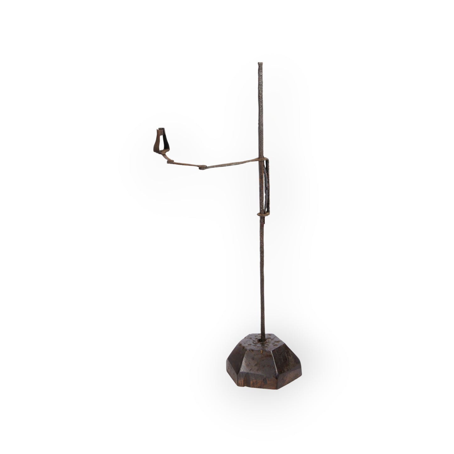 A Large, Rustic, 18th Century English Antique Wrought Iron Adjustable Candleholder On A Hexagonal Wooden Base