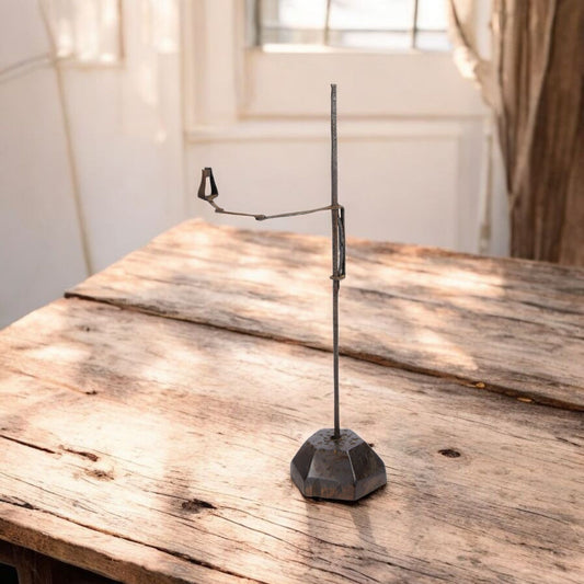 A Large, Rustic, 18th Century English Antique Wrought Iron Adjustable Candleholder On A Hexagonal Wooden Base