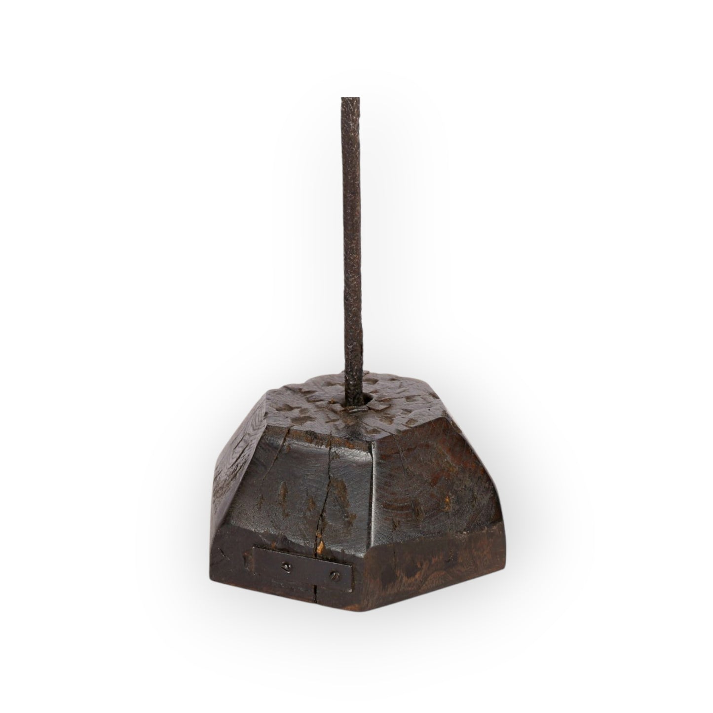 A Large, Rustic, 18th Century English Antique Wrought Iron Adjustable Candleholder On A Hexagonal Wooden Base