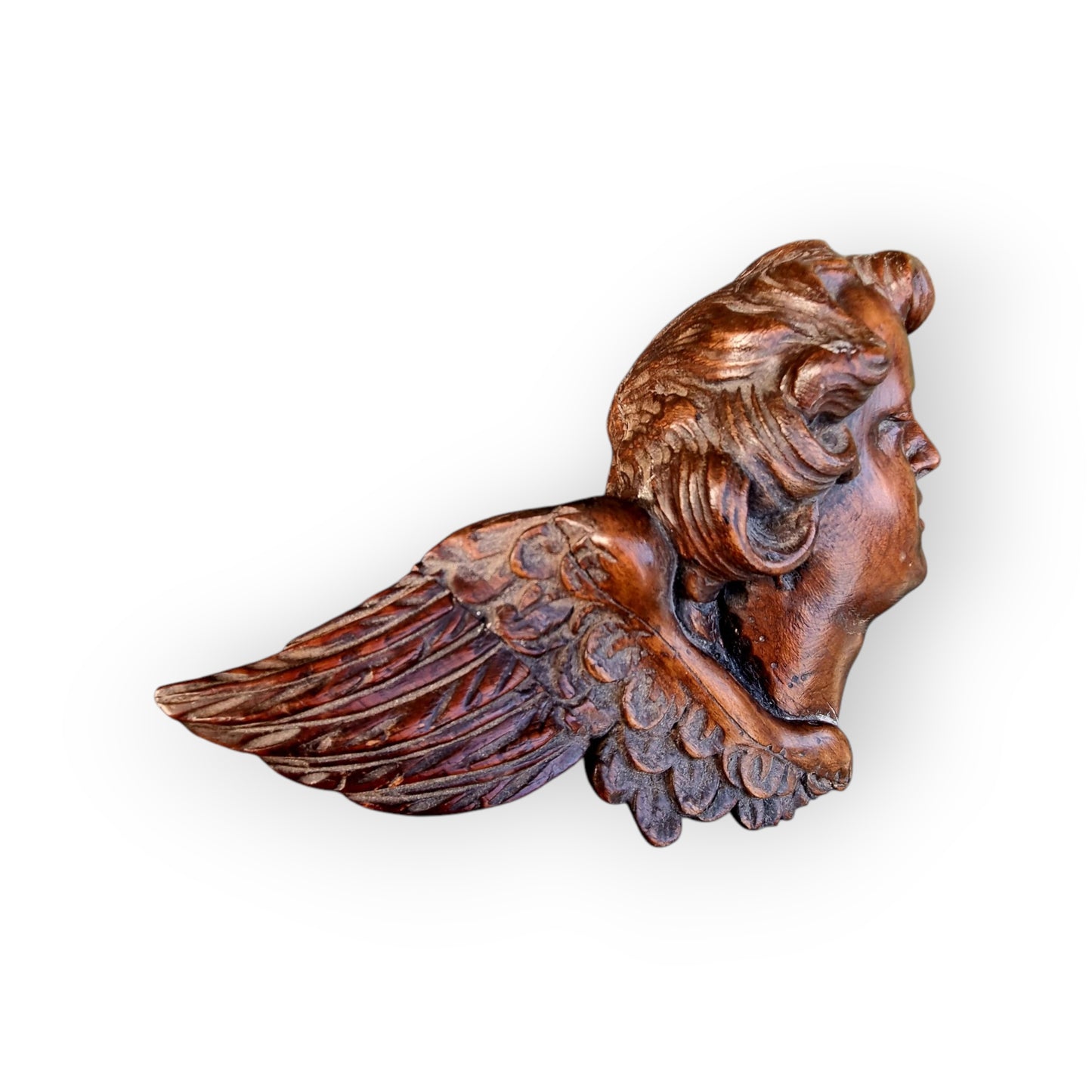 19th Century Antique Carved Walnut Sculptural Wall Plaque In The Form Of An Angel