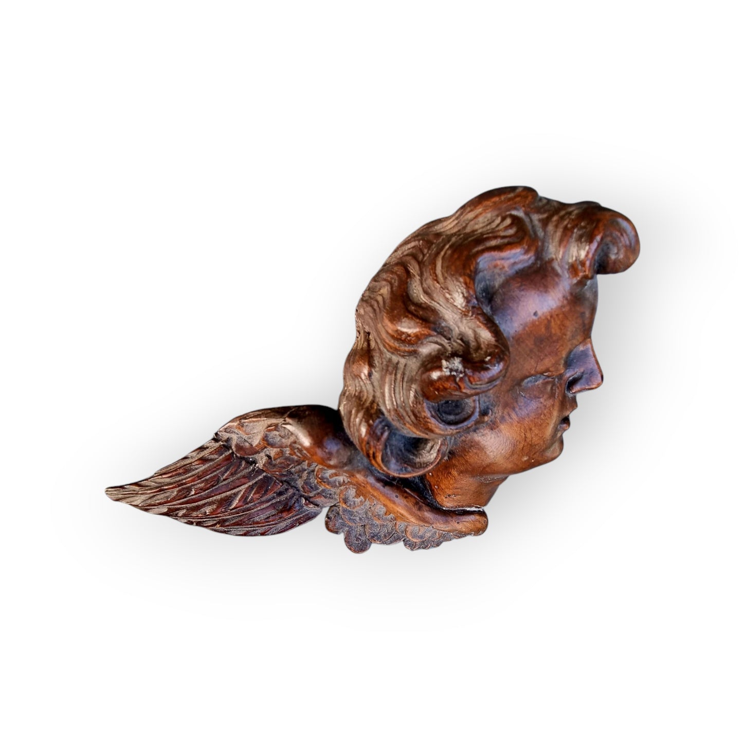 19th Century Antique Carved Walnut Sculptural Wall Plaque In The Form Of An Angel