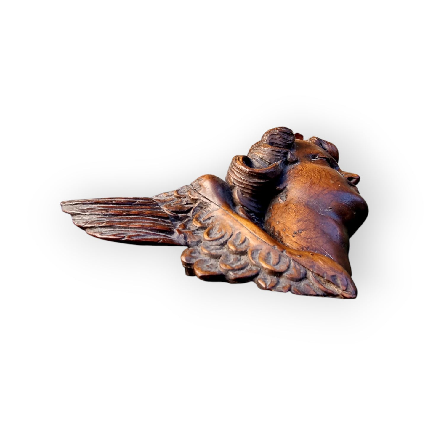 19th Century Antique Carved Walnut Sculptural Wall Plaque In The Form Of An Angel