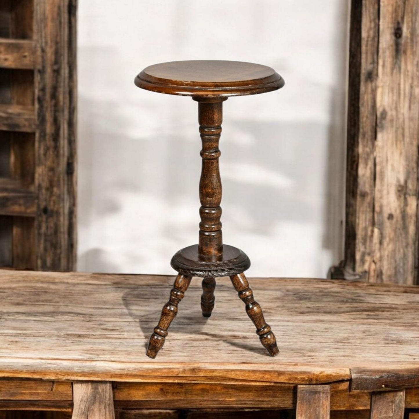 A Small, Early, 19th-Century English Antique Treen Apprentice-Piece Candlestand In The Form Of A Lacemakers Table