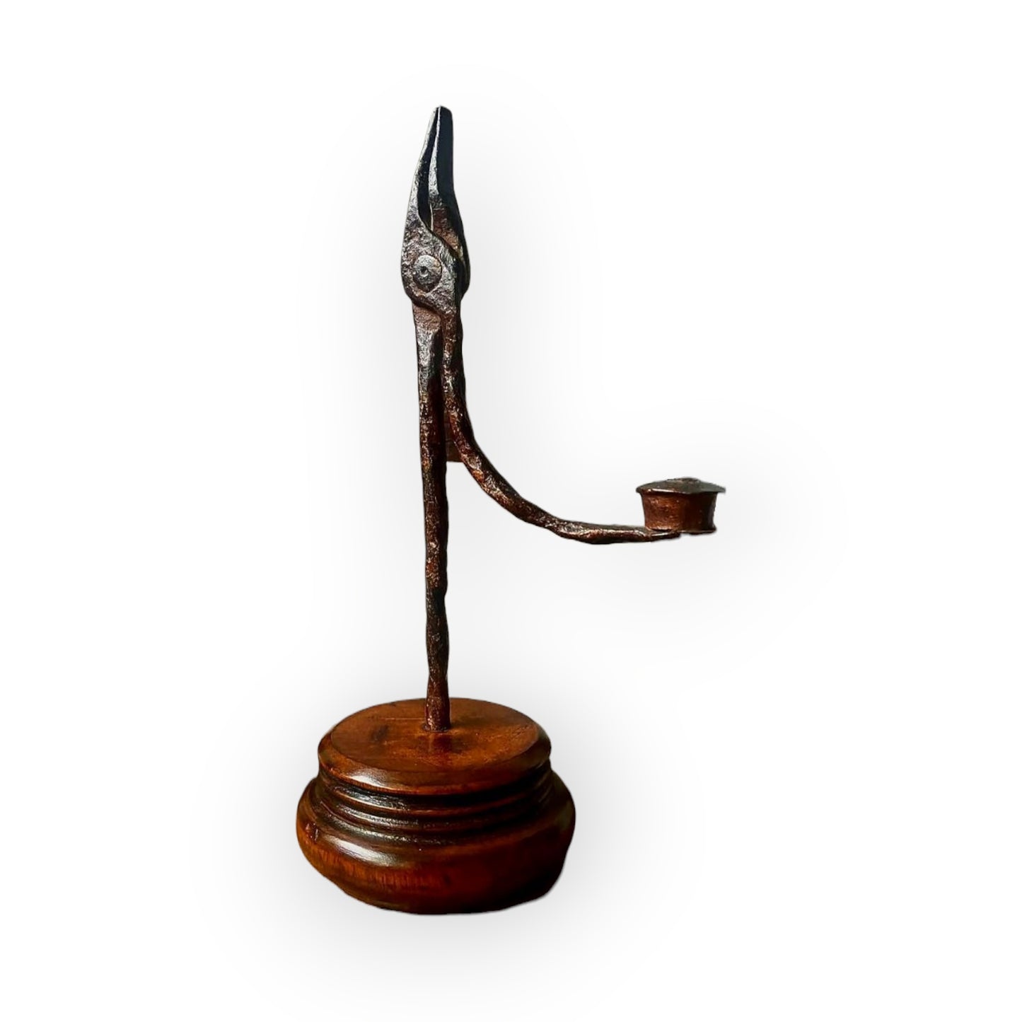 18th-Century English Antique Iron Rushlight Holder / Rushnip With A Fruitwood Base