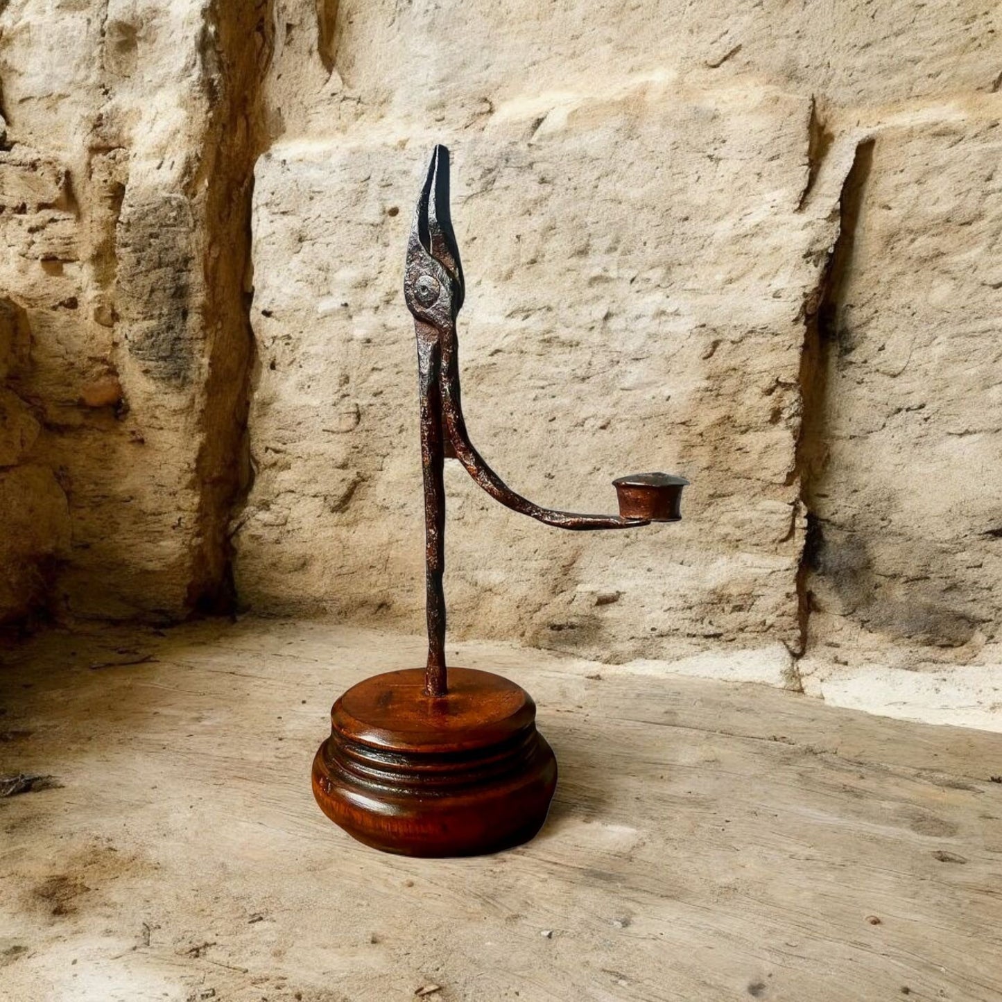 18th-Century English Antique Iron Rushlight Holder / Rushnip With A Fruitwood Base