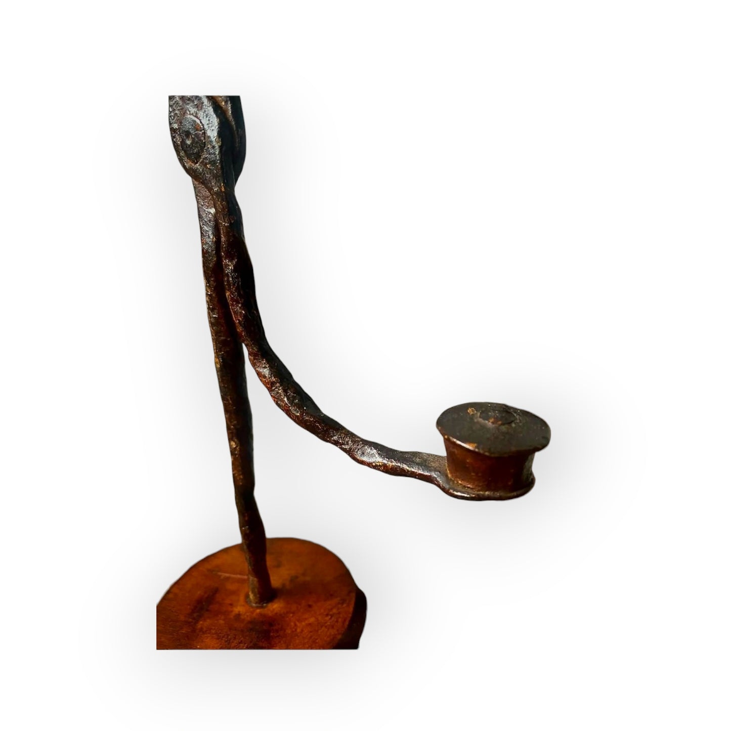 18th-Century English Antique Iron Rushlight Holder / Rushnip With A Fruitwood Base