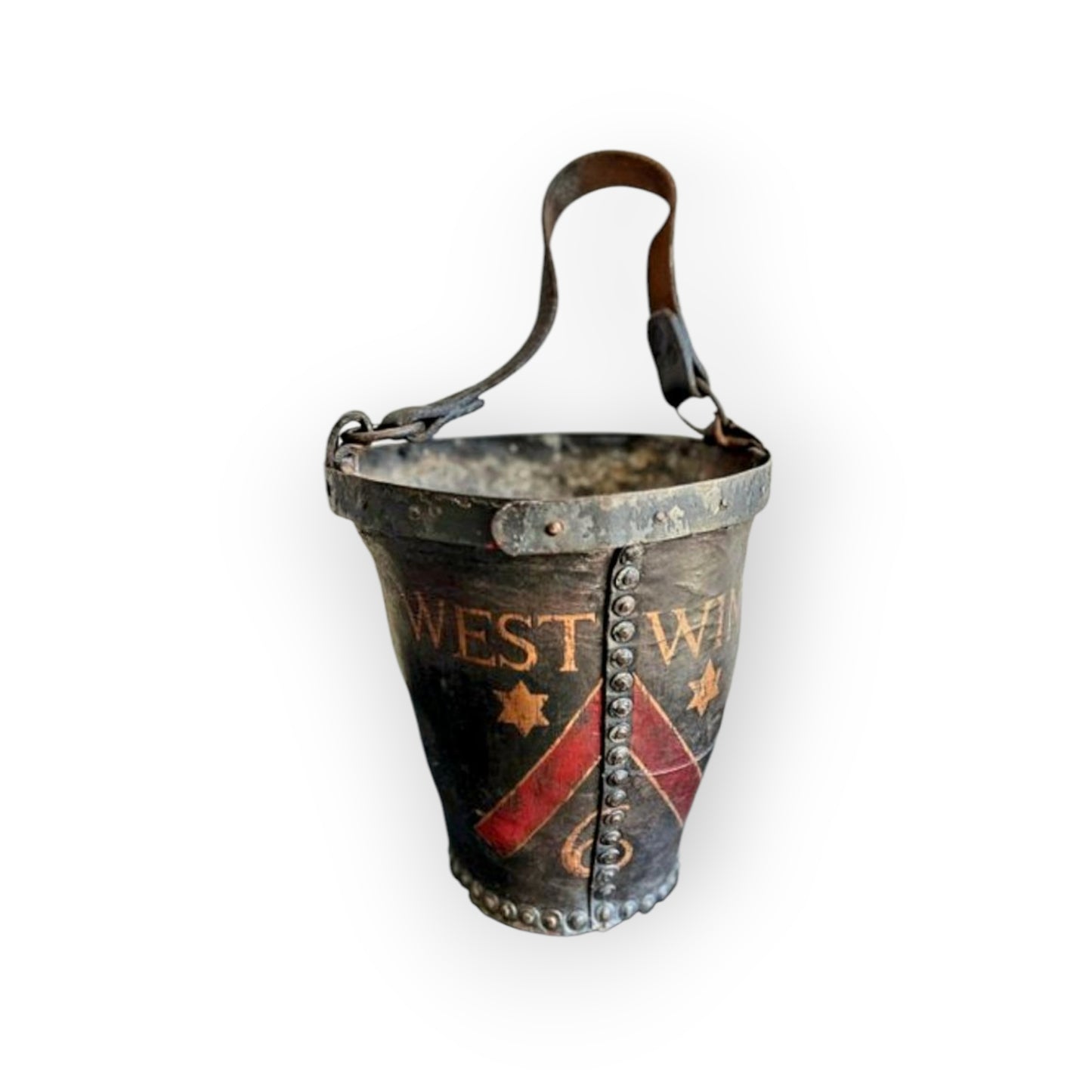 An Early 19th Century George III Period English Antique Leather Fire Bucket Bearing An Unidentified Coat of Arms / Armorial Device & The Inscription "West Wing"