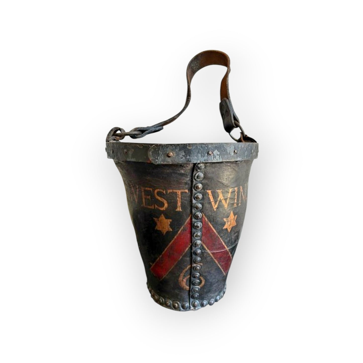An Early 19th Century George III Period English Antique Leather Fire Bucket Bearing An Unidentified Coat of Arms / Armorial Device & The Inscription "West Wing"