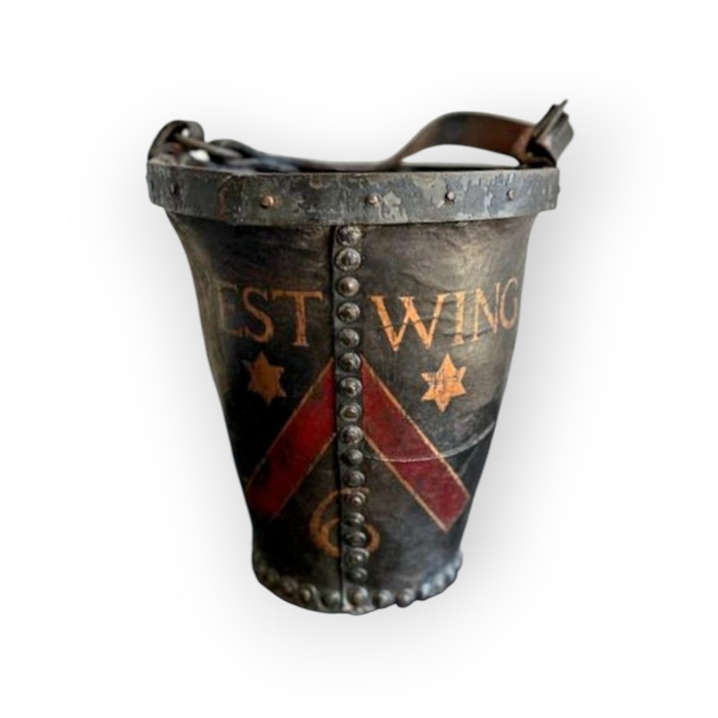 An Early 19th Century George III Period English Antique Leather Fire Bucket Bearing An Unidentified Coat of Arms / Armorial Device & The Inscription "West Wing"