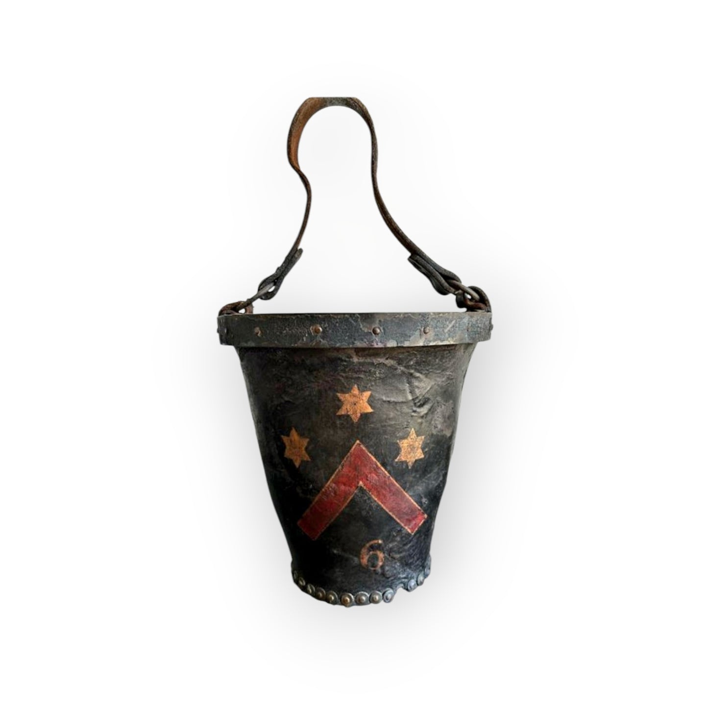 An Early 19th Century George III Period English Antique Leather Fire Bucket Bearing An Unidentified Coat of Arms / Armorial Device & The Inscription "West Wing"