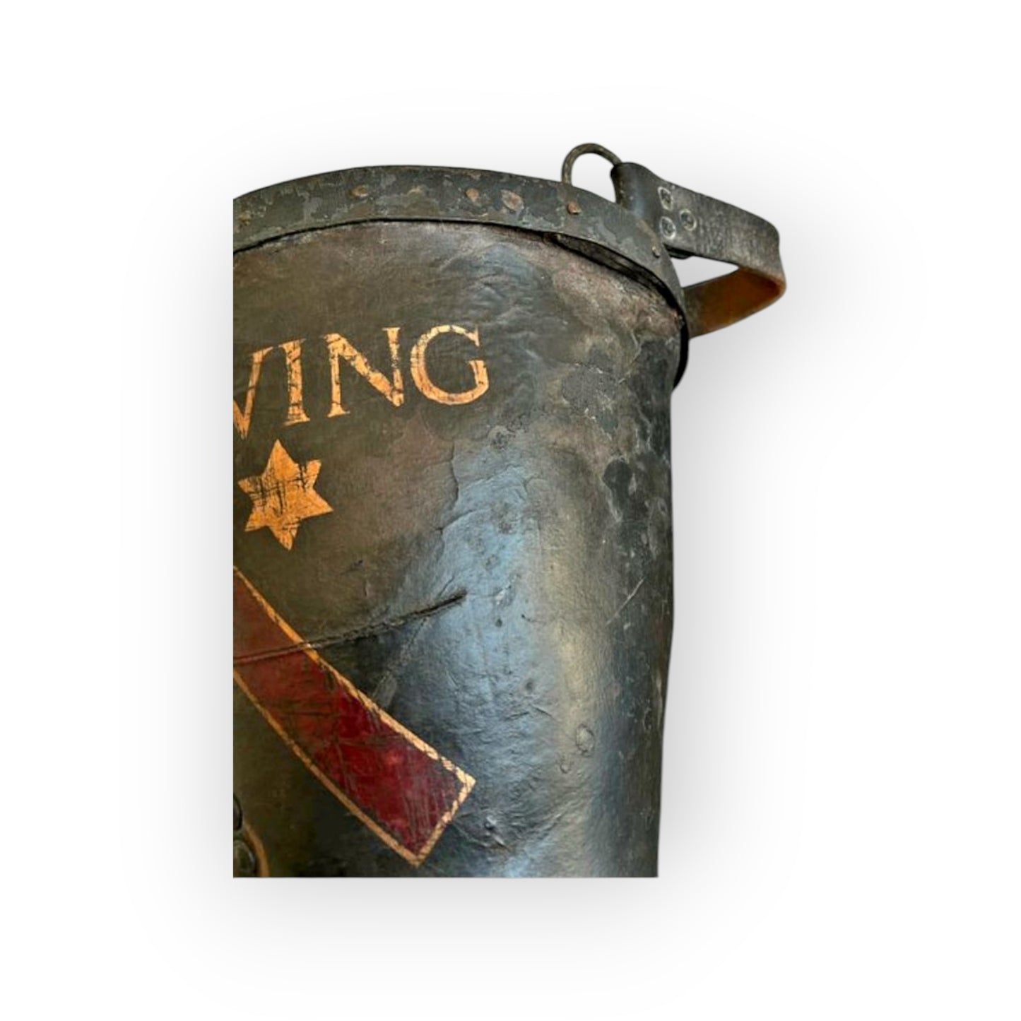 An Early 19th Century George III Period English Antique Leather Fire Bucket Bearing An Unidentified Coat of Arms / Armorial Device & The Inscription "West Wing"