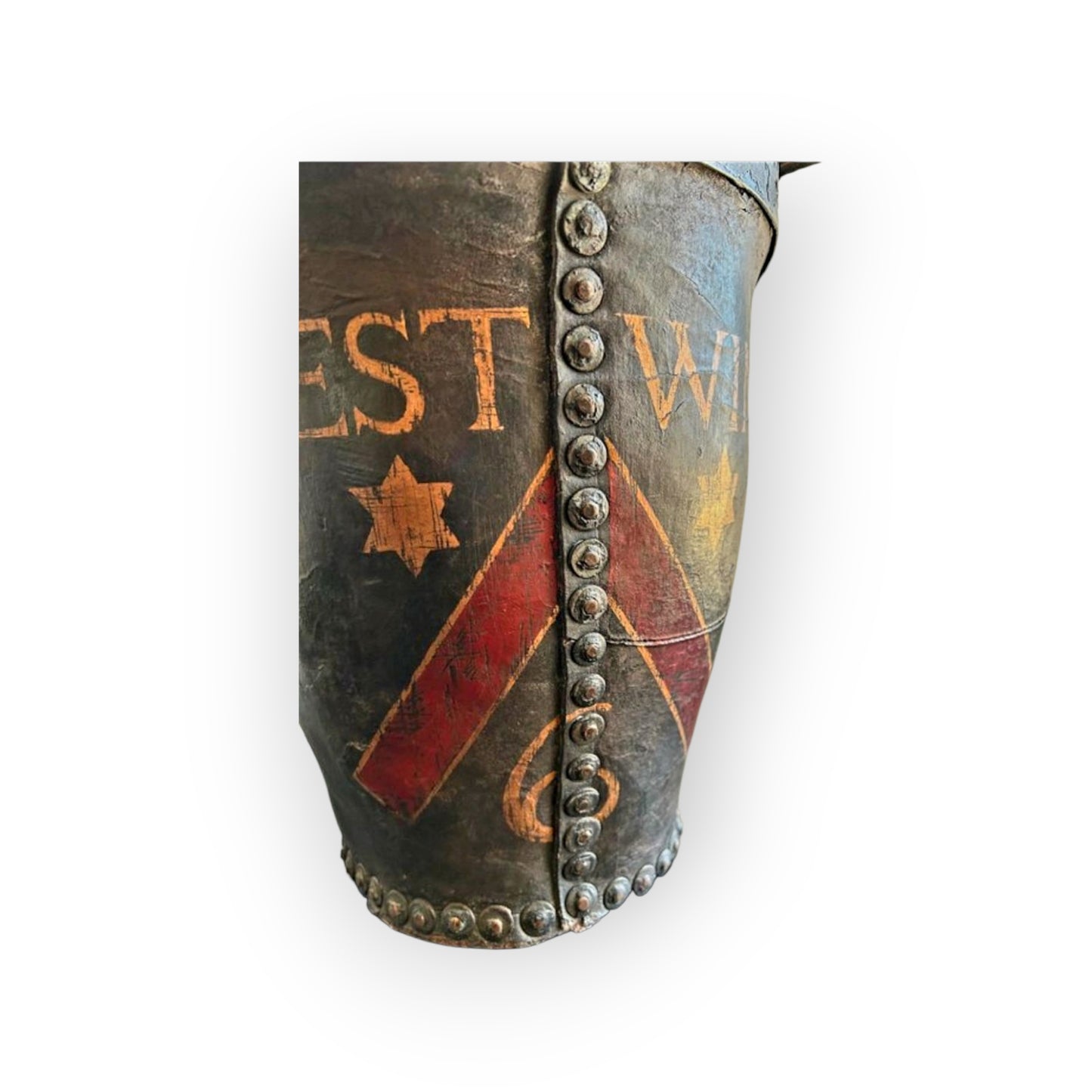 An Early 19th Century George III Period English Antique Leather Fire Bucket Bearing An Unidentified Coat of Arms / Armorial Device & The Inscription "West Wing"